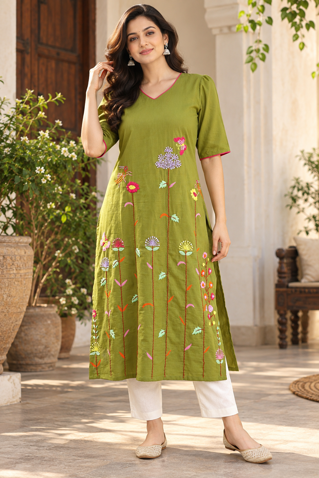 Olive Green Cotton Hand Embroidered Long Kurta