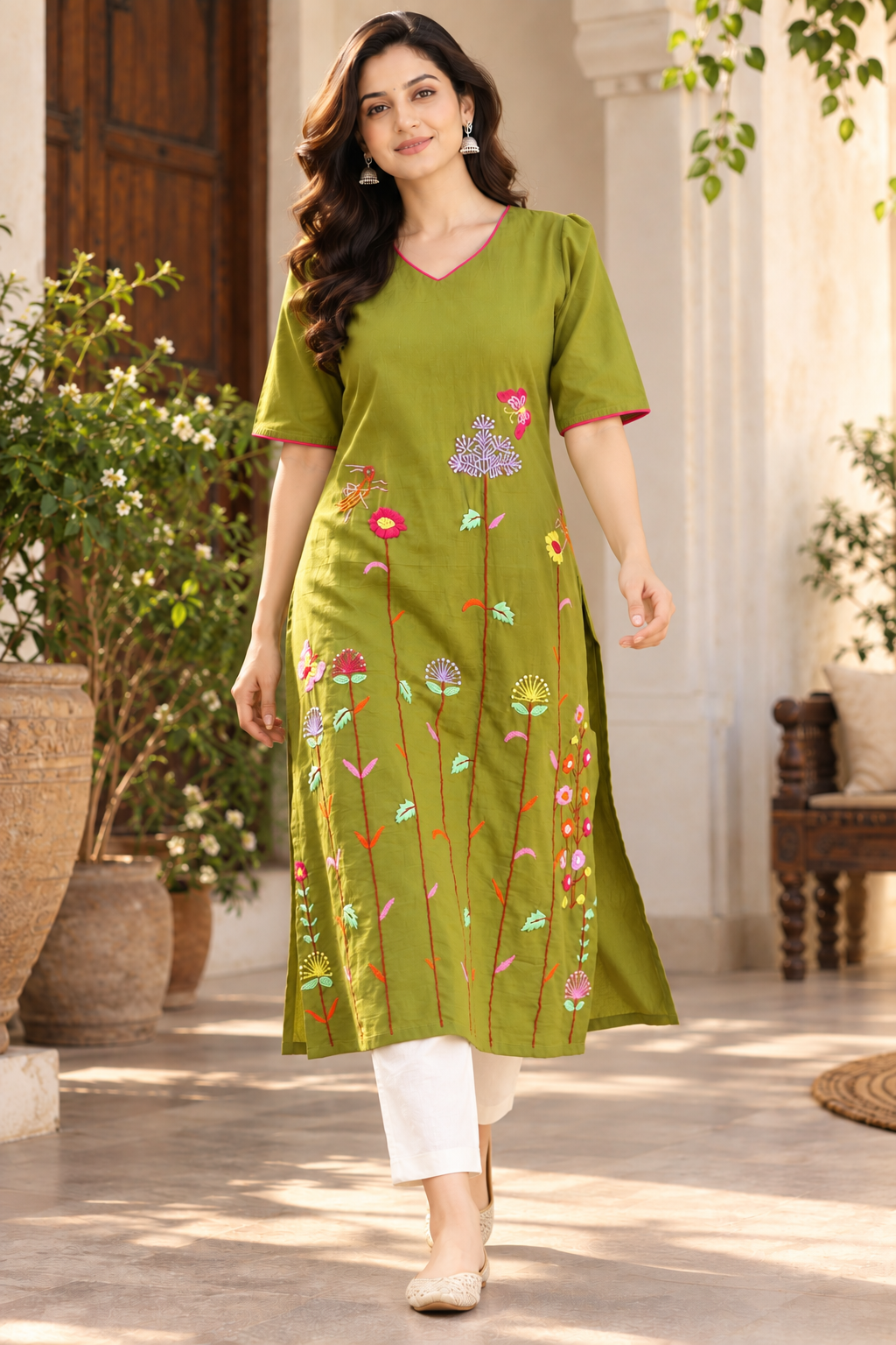 Olive Green Cotton Hand Embroidered Long Kurta