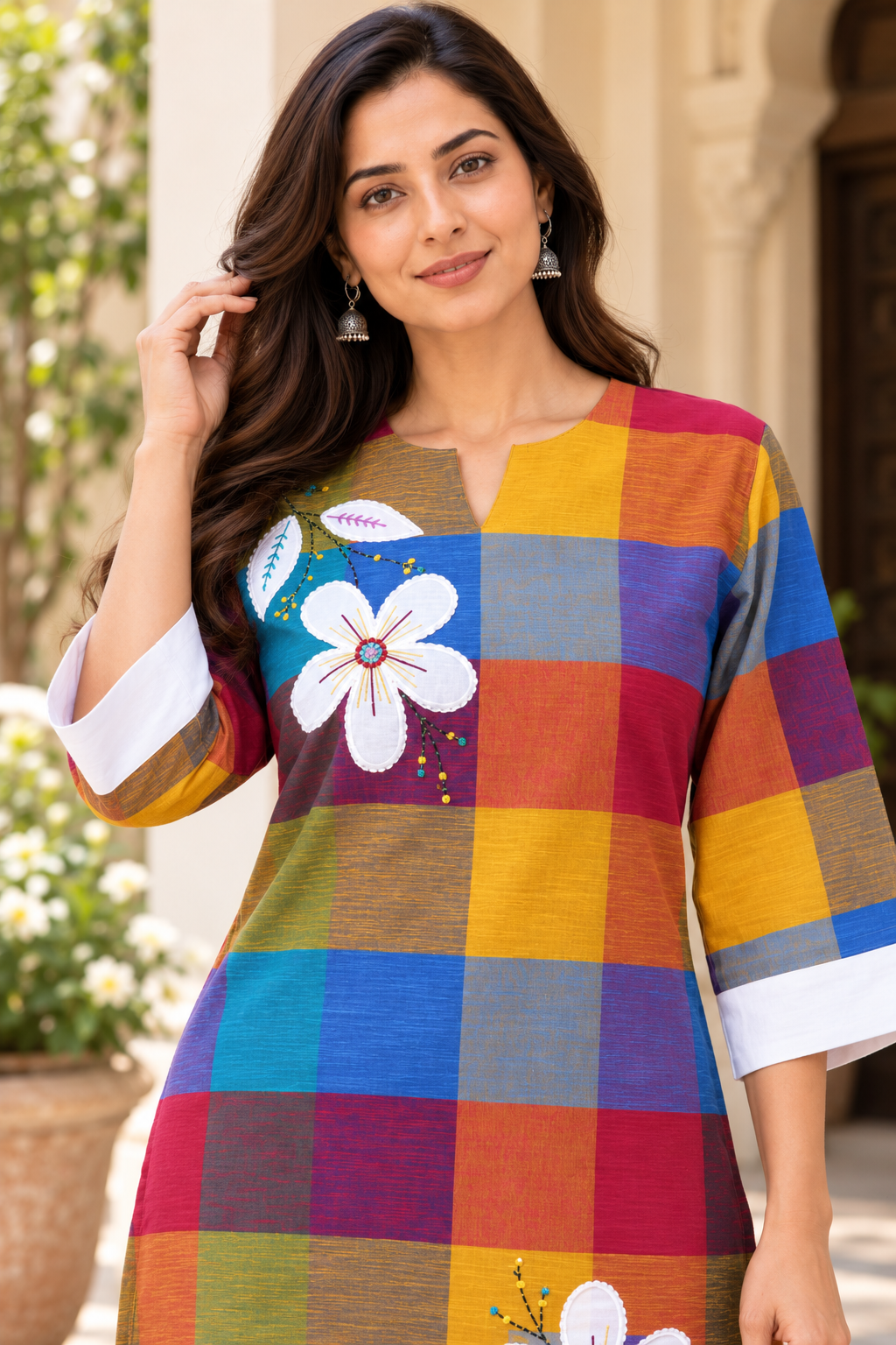 Multi Color Check Cotton Applique Embroidered Kurta