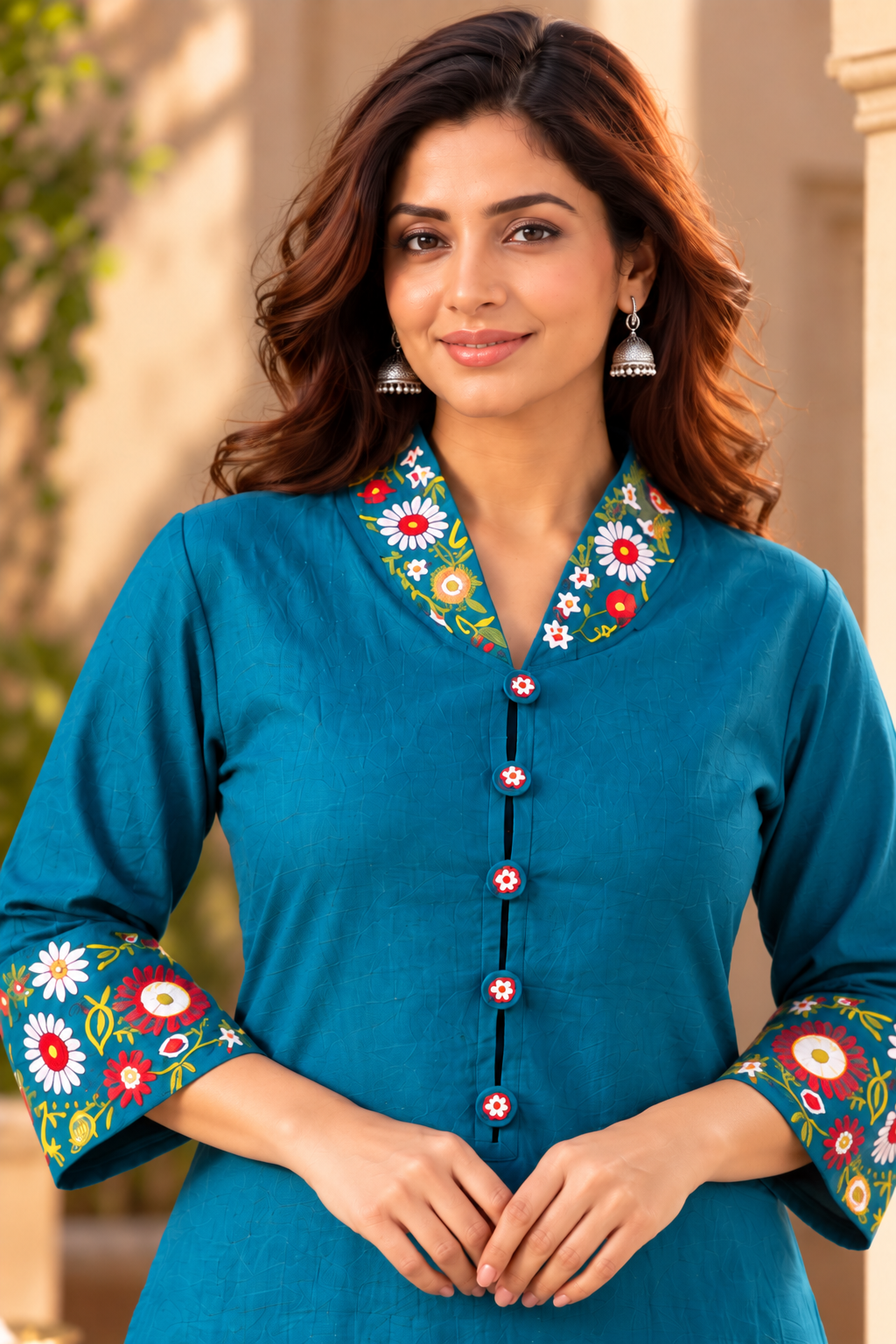 Turquoise Embroidered Cotton Long Kurta