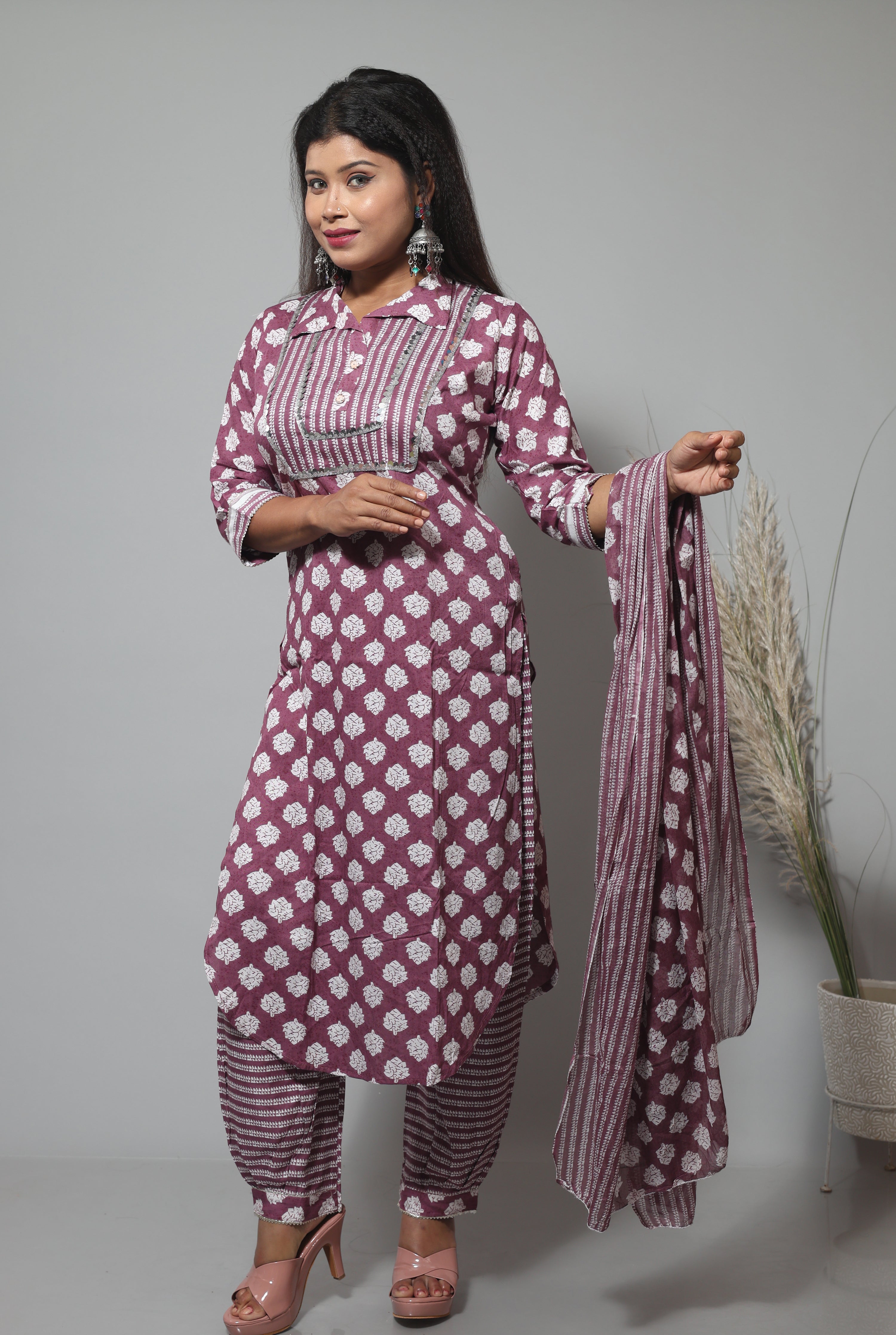 Floral print cotton Afghani suit set with stylish design
