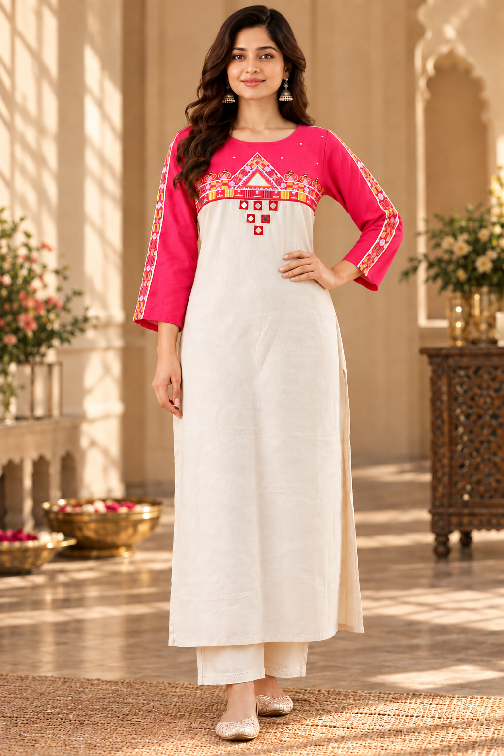 Ivory-Pink Cotton Embroidered Long Kurta