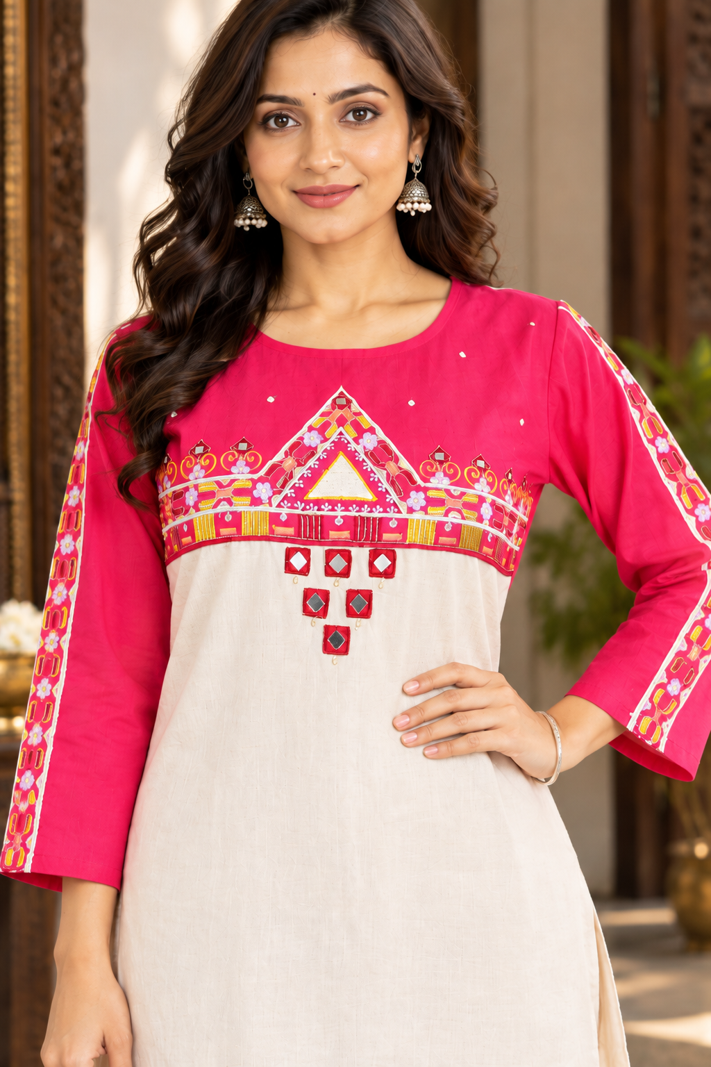 Ivory-Pink Cotton Embroidered Long Kurta