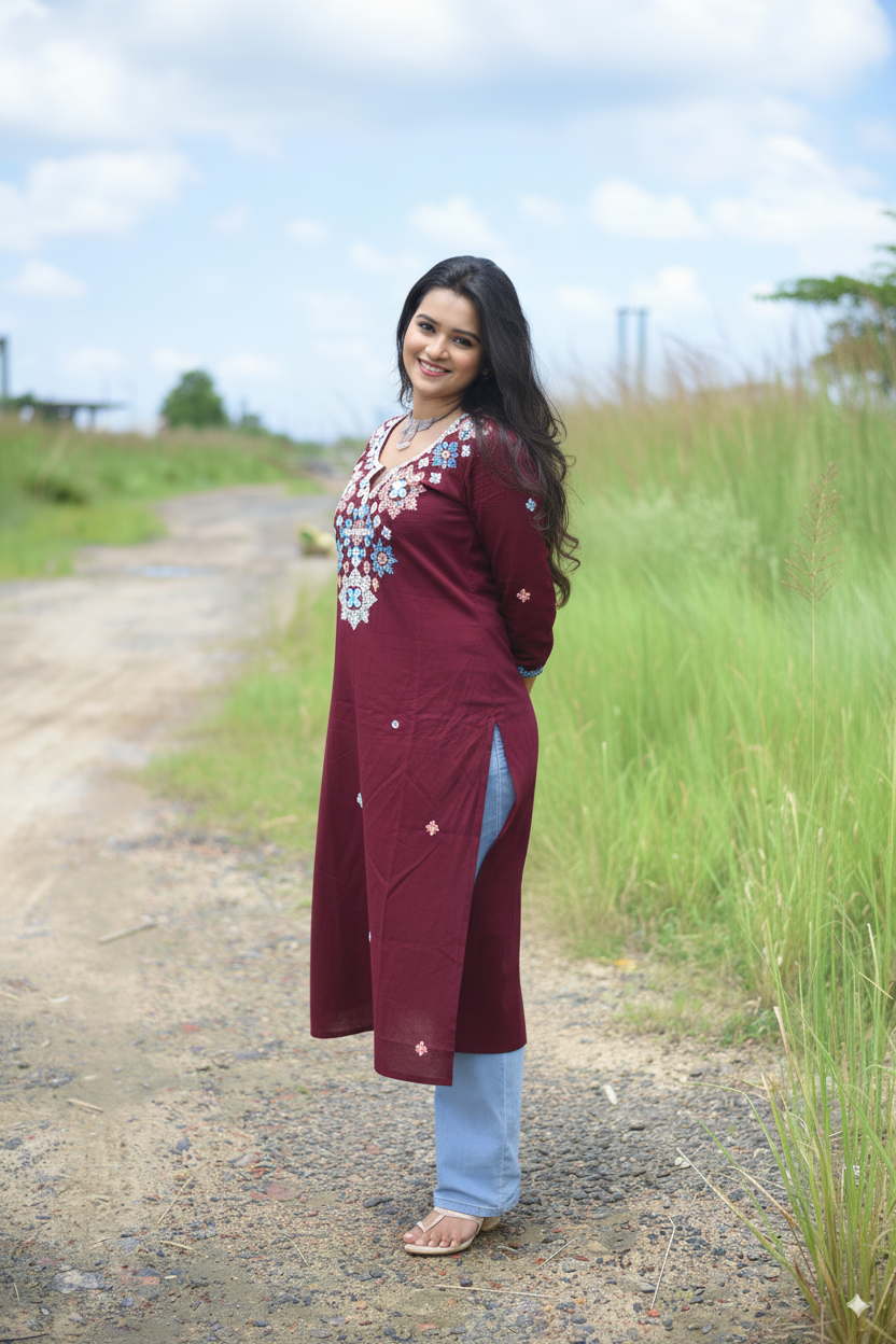 Chocolate Color Kutch Hand Embroidered Mirror Work Kurta