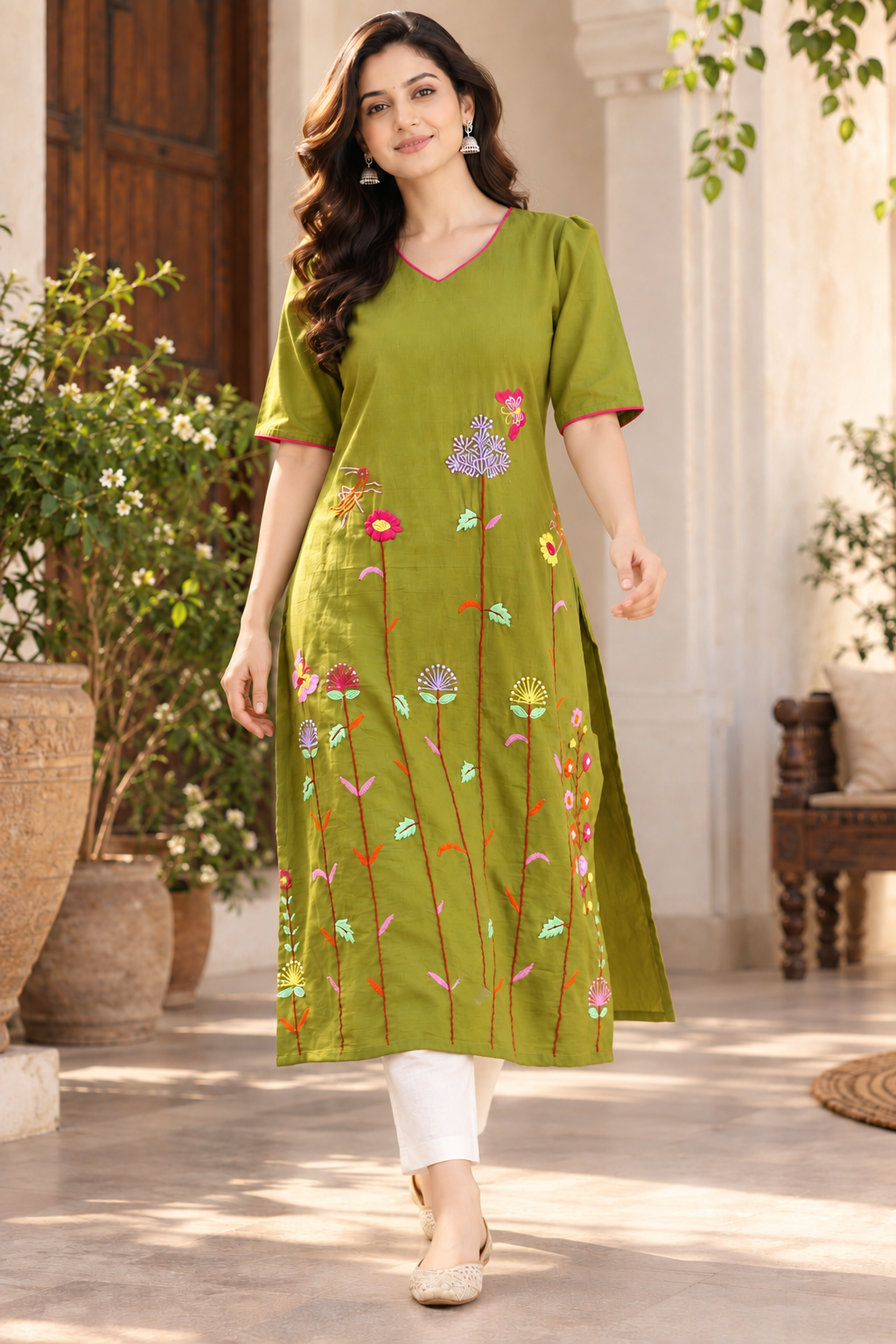 Olive Green Cotton Hand Embroidered Long Kurta