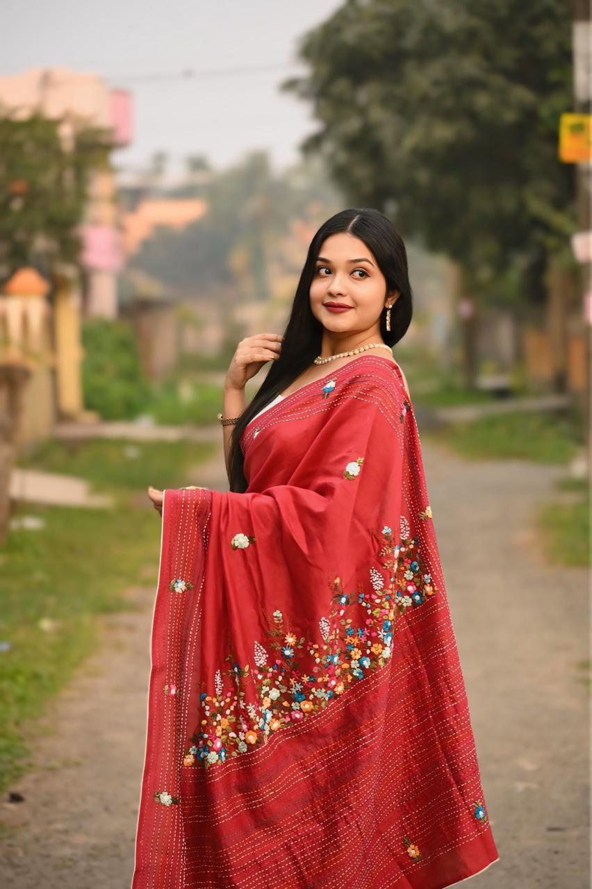 Hand Embroidered Red Color Pure Chanderi Saree