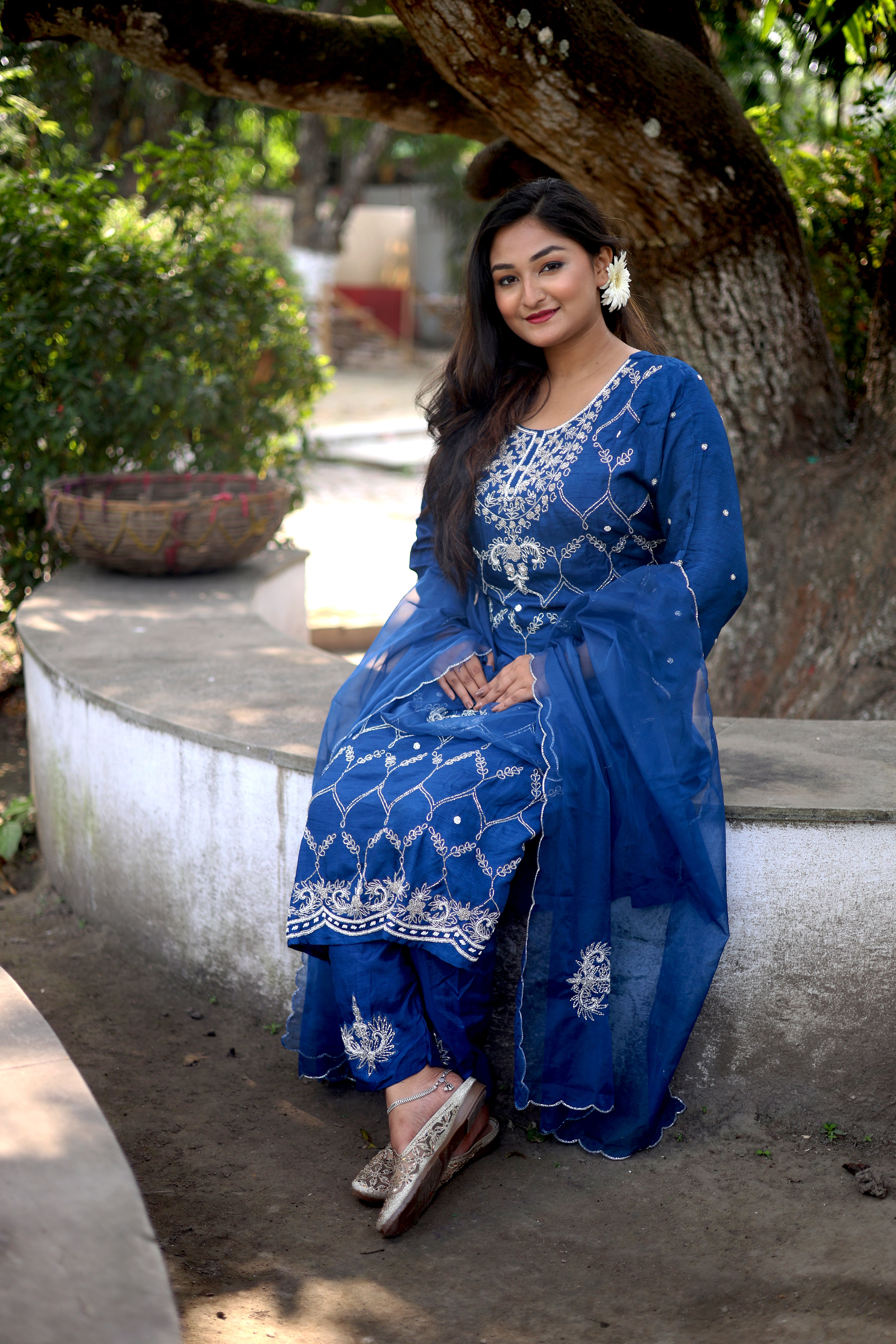 Royal Blue Handwork Dola Silk Suit Set