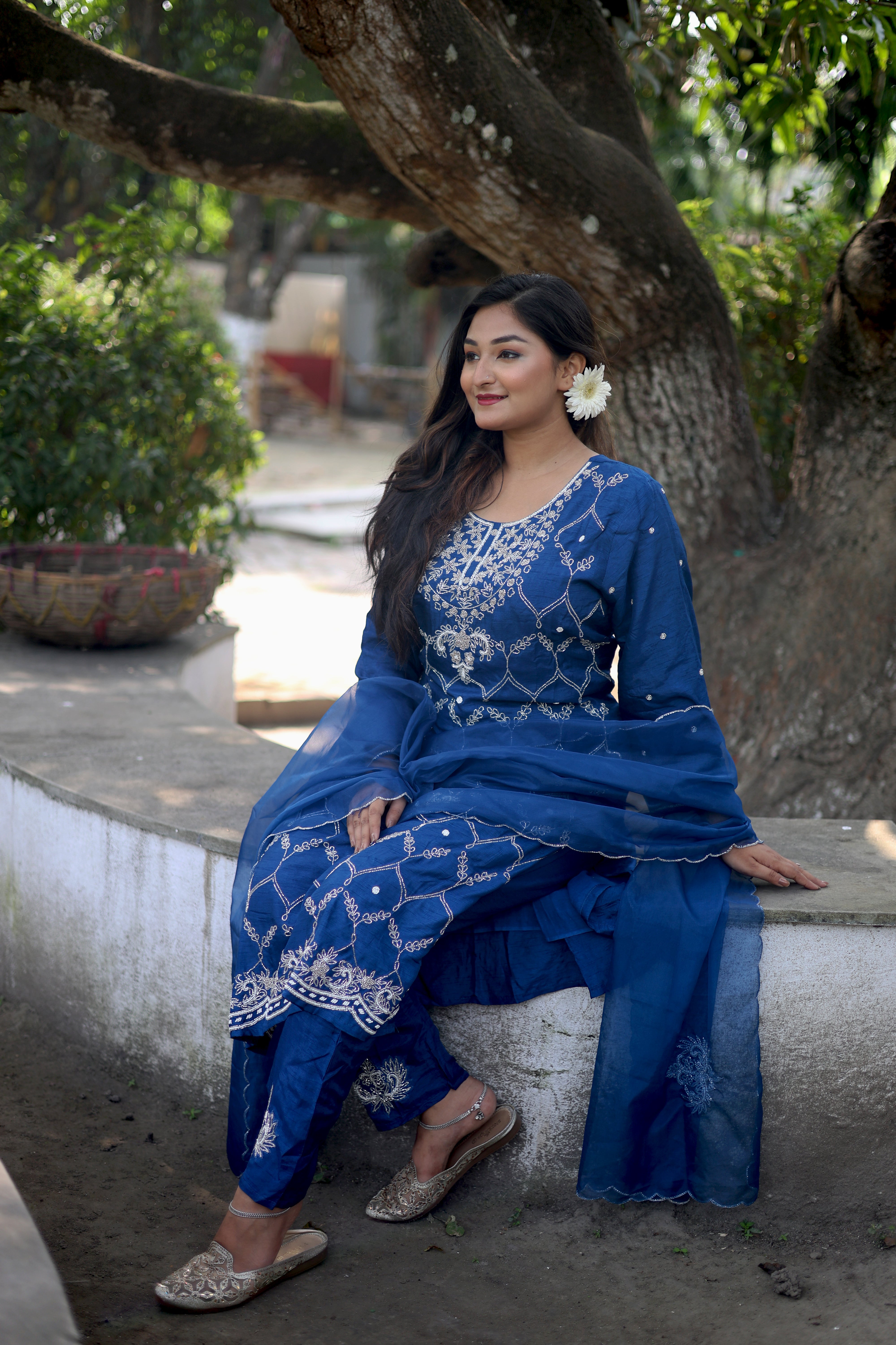 Royal Blue Handwork Dola Silk Suit Set