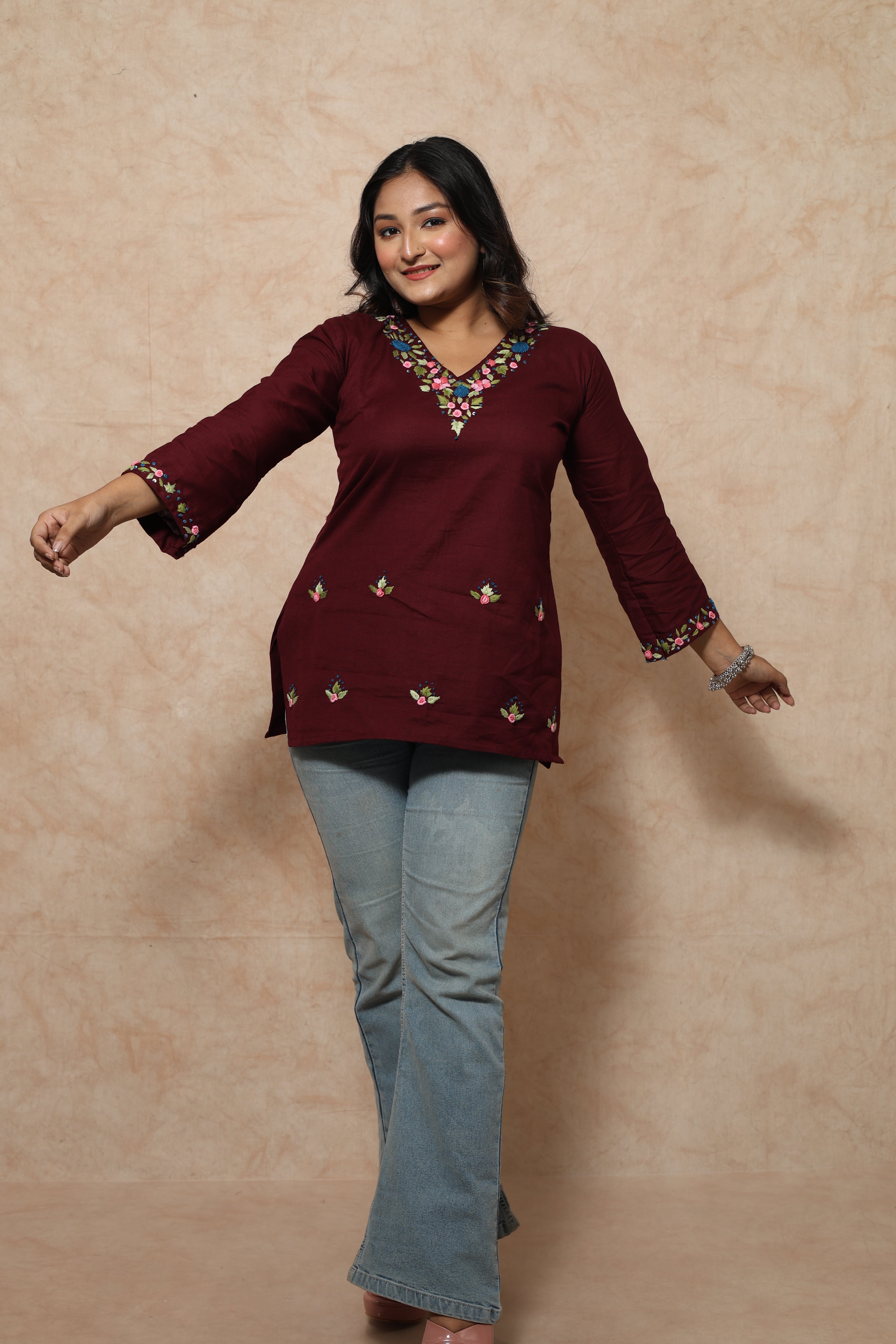 Hand Embroidery Maroon Cotton Short Kurti