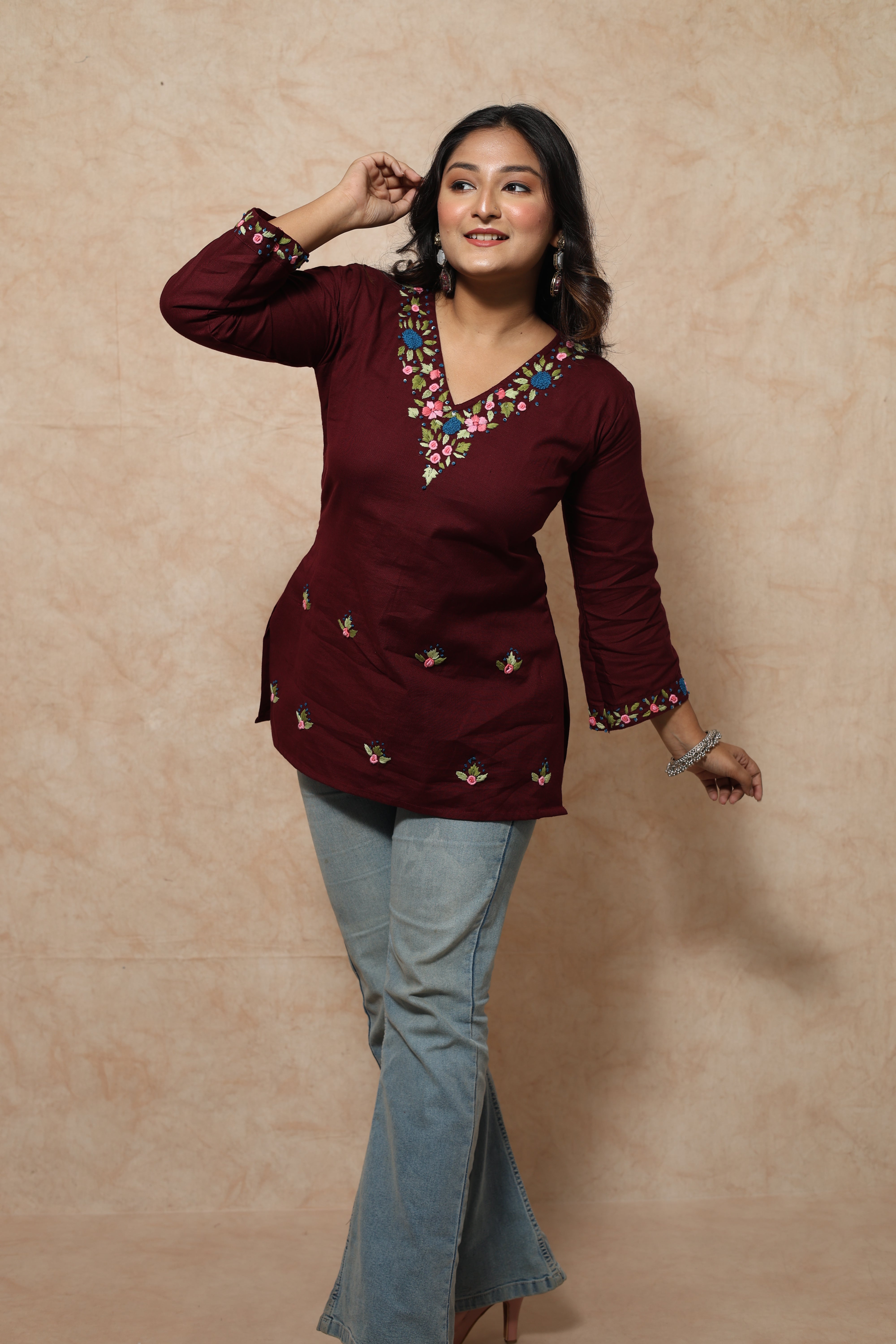 Maroon short cotton kurti with hand embroidery