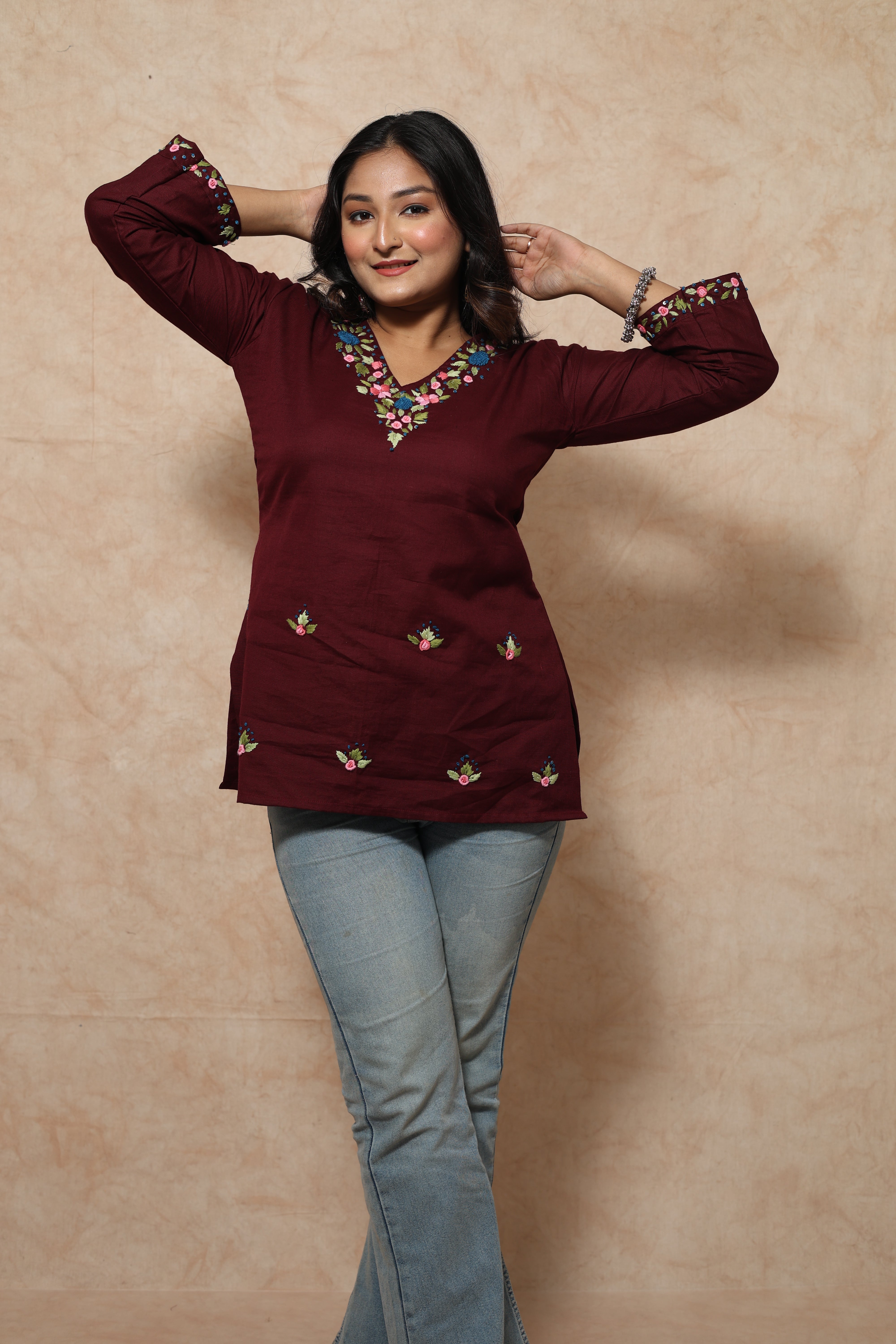 Hand Embroidery Maroon Cotton Short Kurti