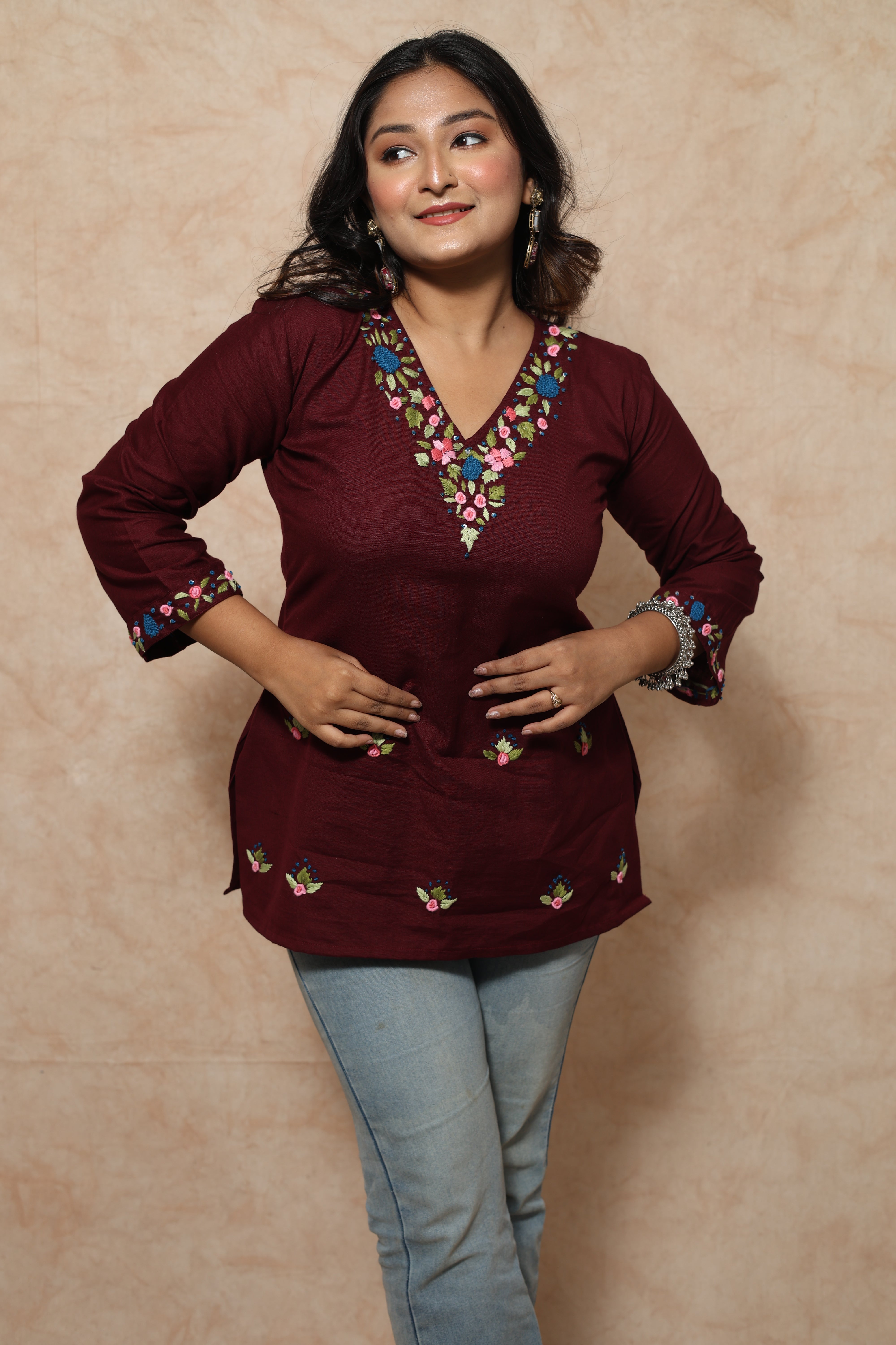 Hand Embroidery Maroon Cotton Short Kurti