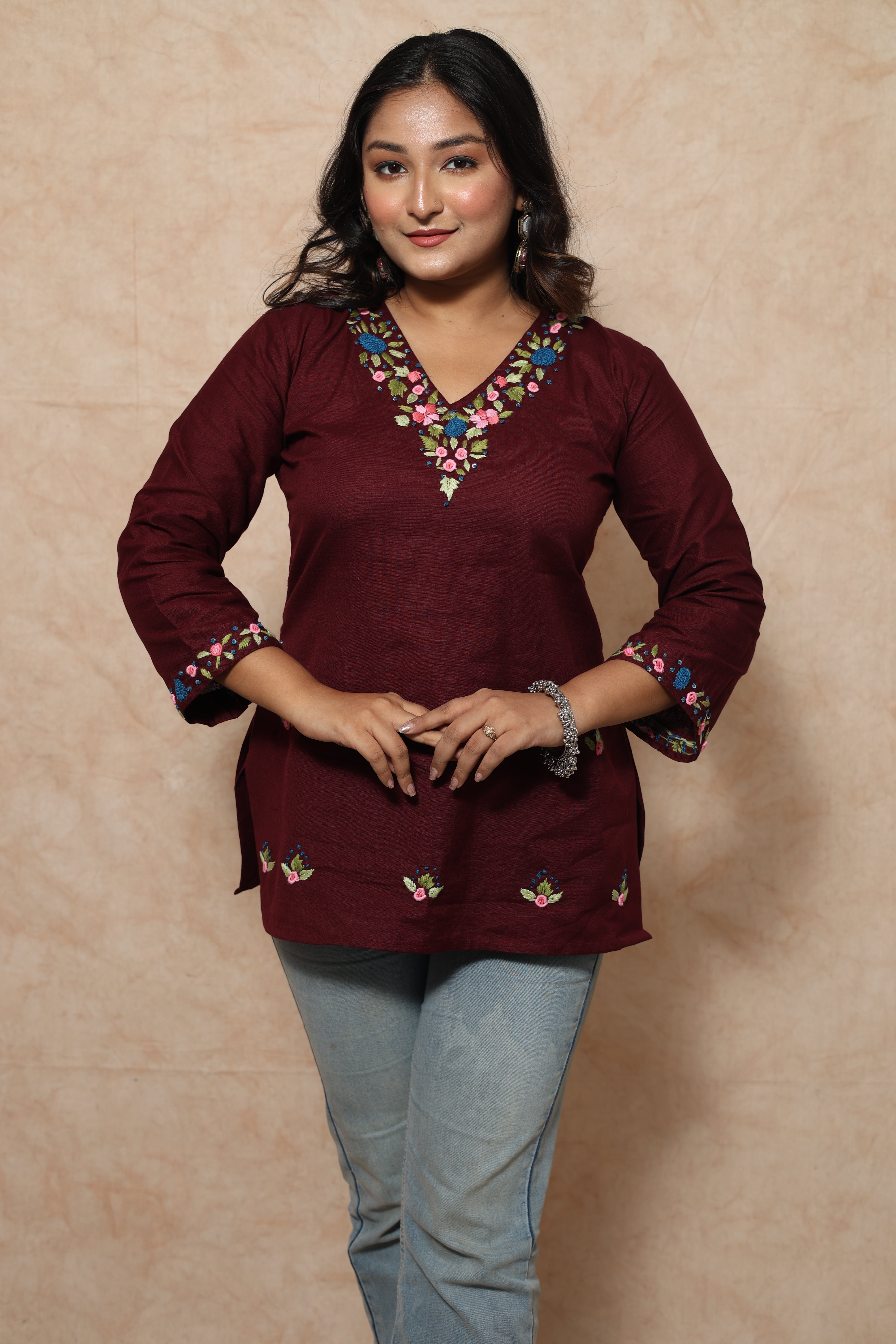 Hand Embroidery Maroon Cotton Short Kurti