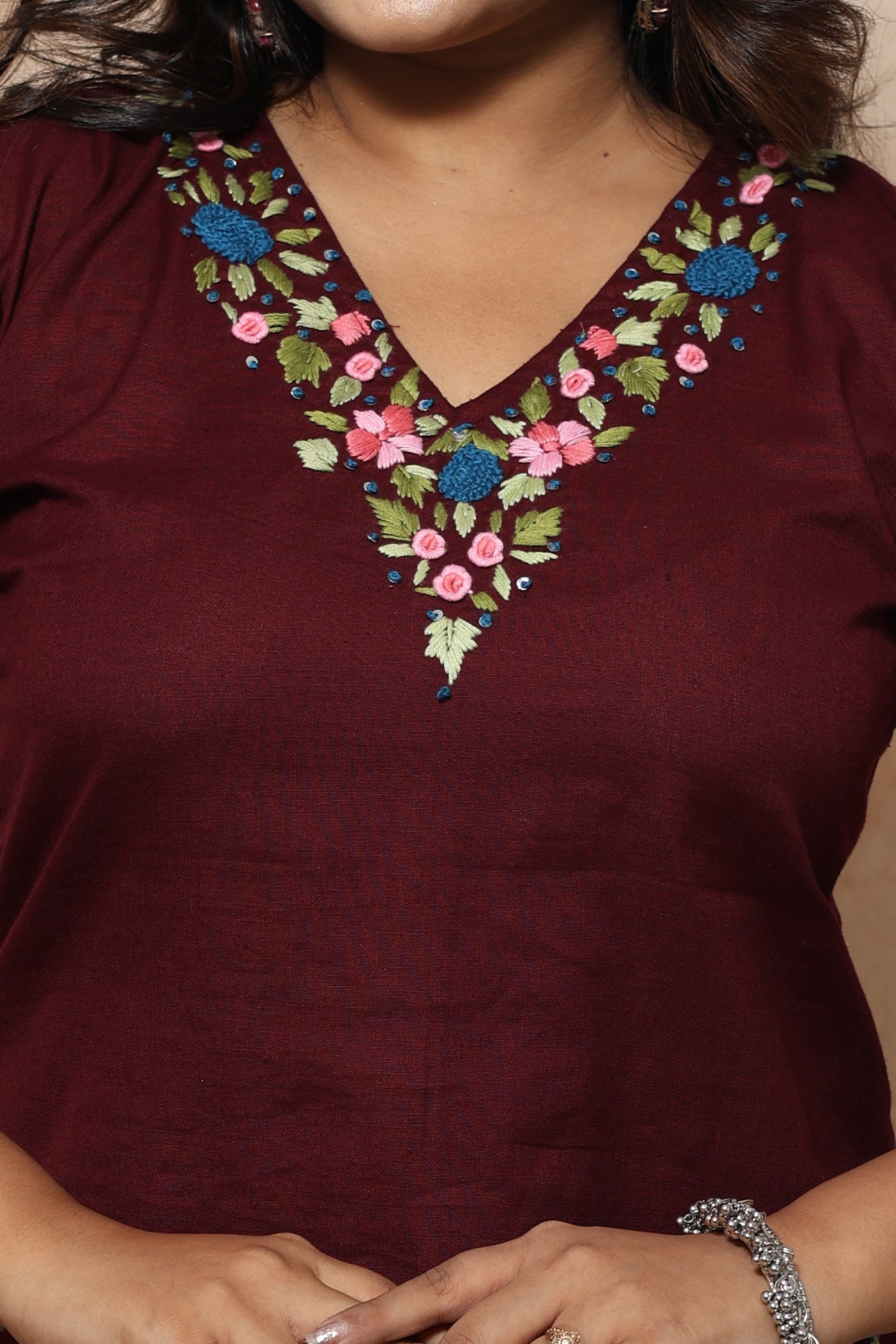 Hand Embroidery Maroon Cotton Short Kurti