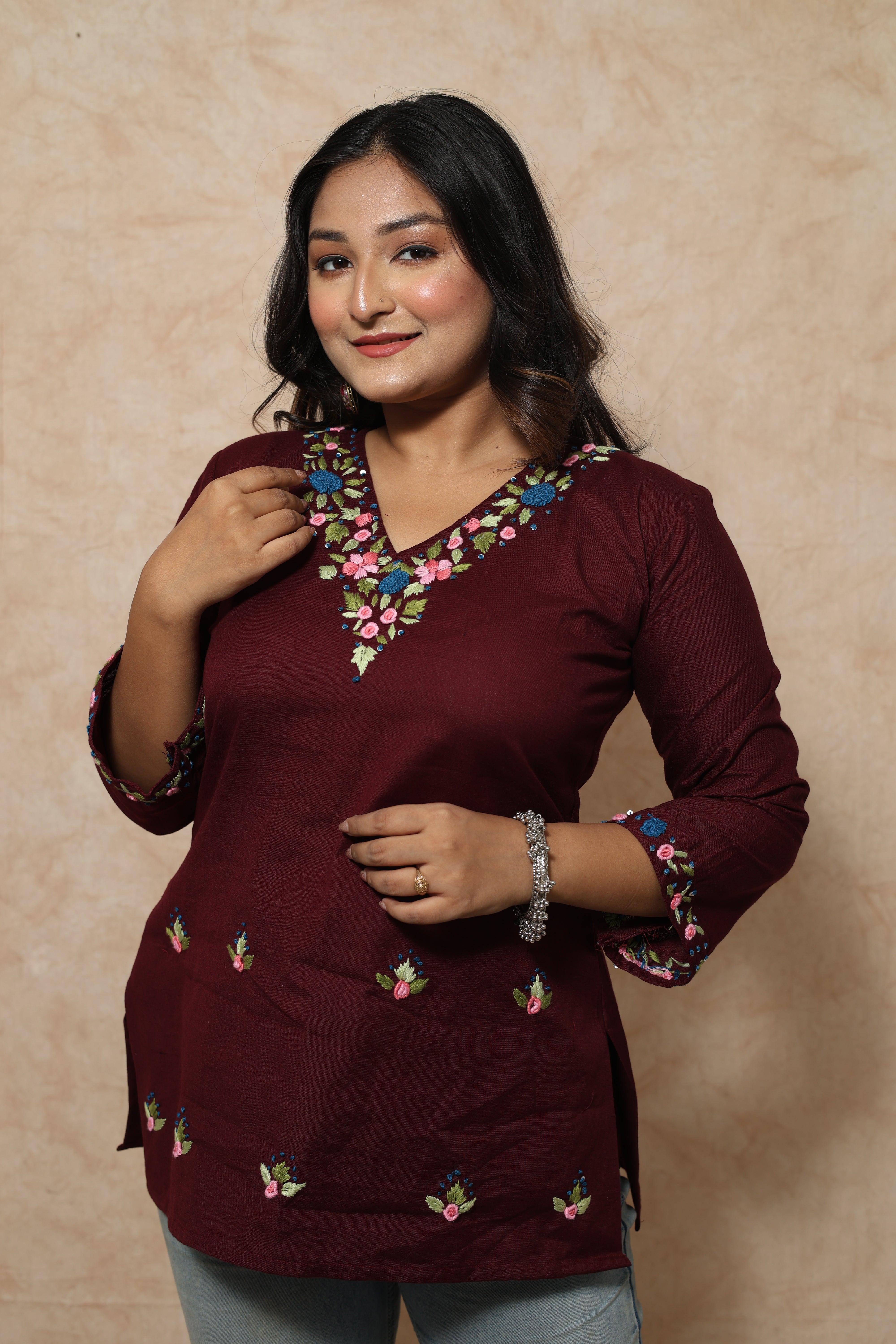 Hand Embroidery Maroon Cotton Short Kurti