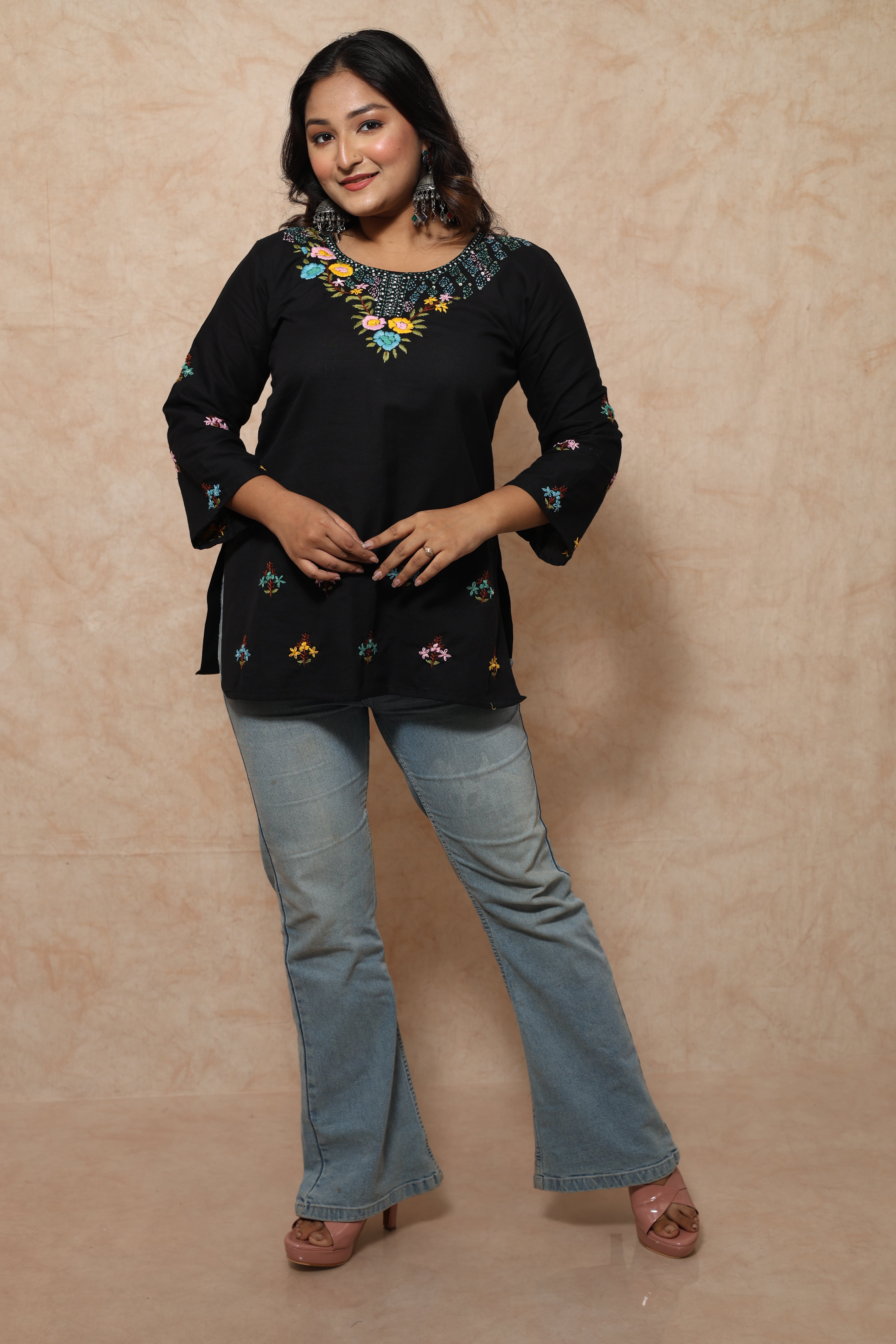 Black Color Cotton Hand Embroidery Kurti