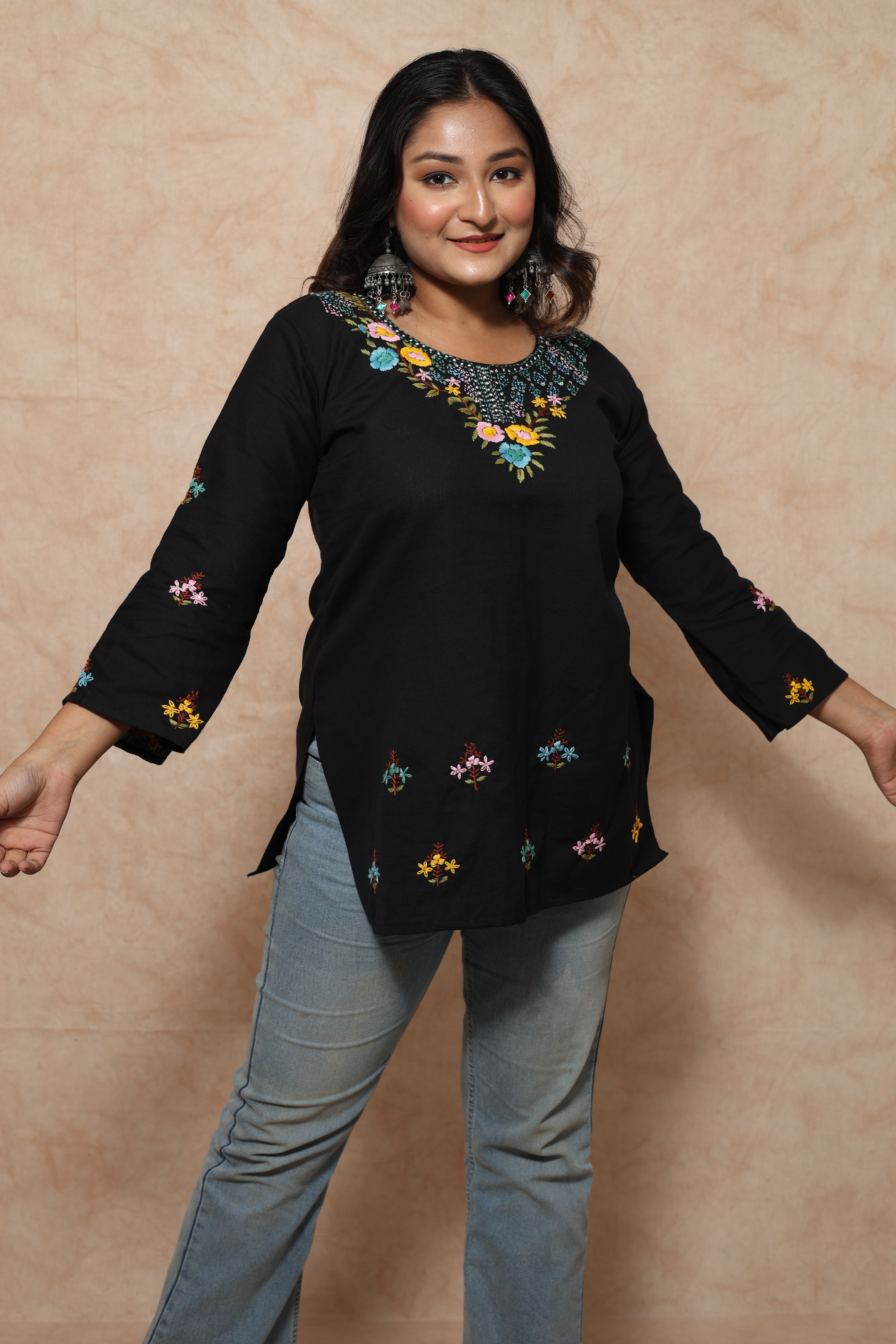 Black Color Cotton Hand Embroidery Kurti