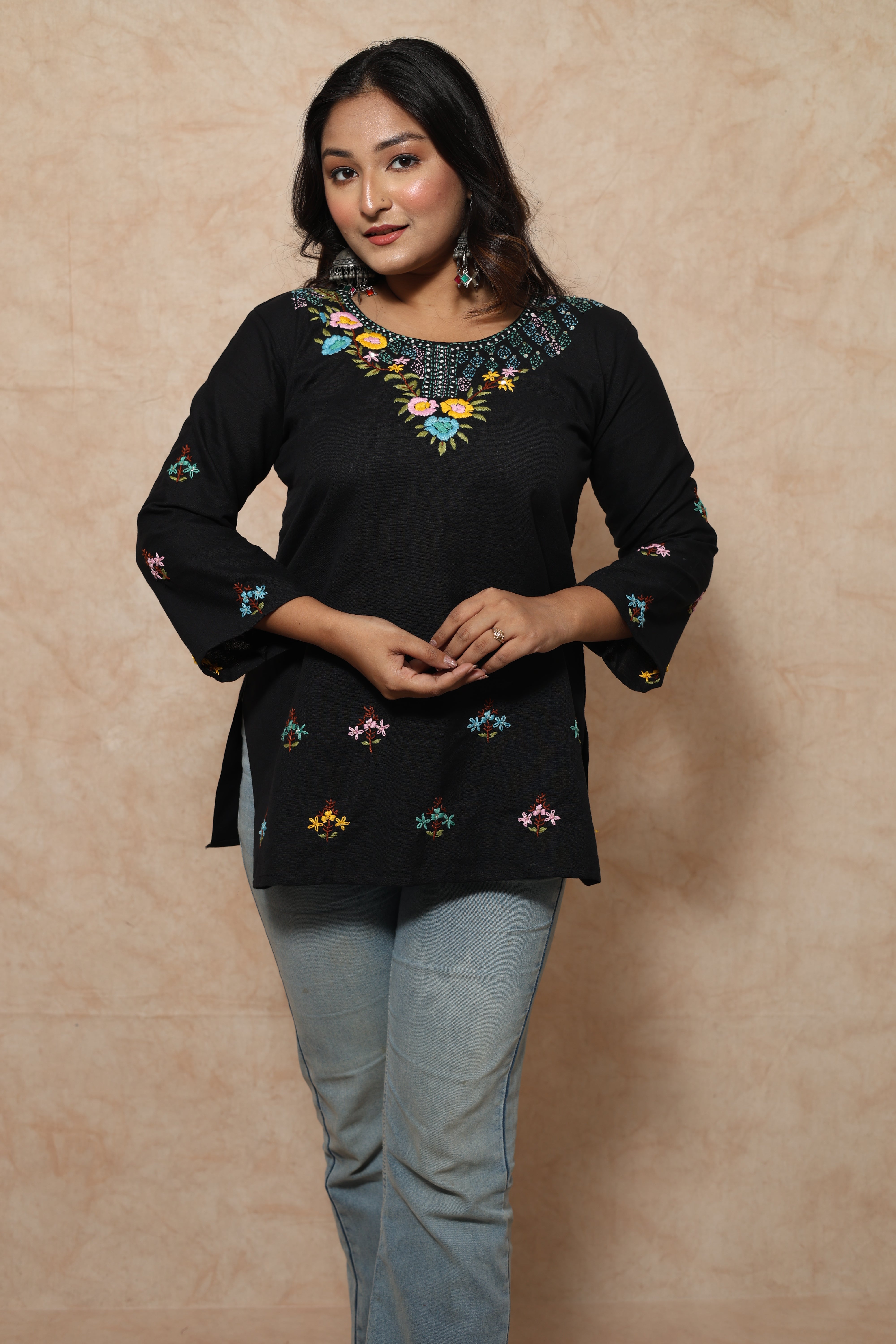 Black Color Cotton Hand Embroidery Kurti