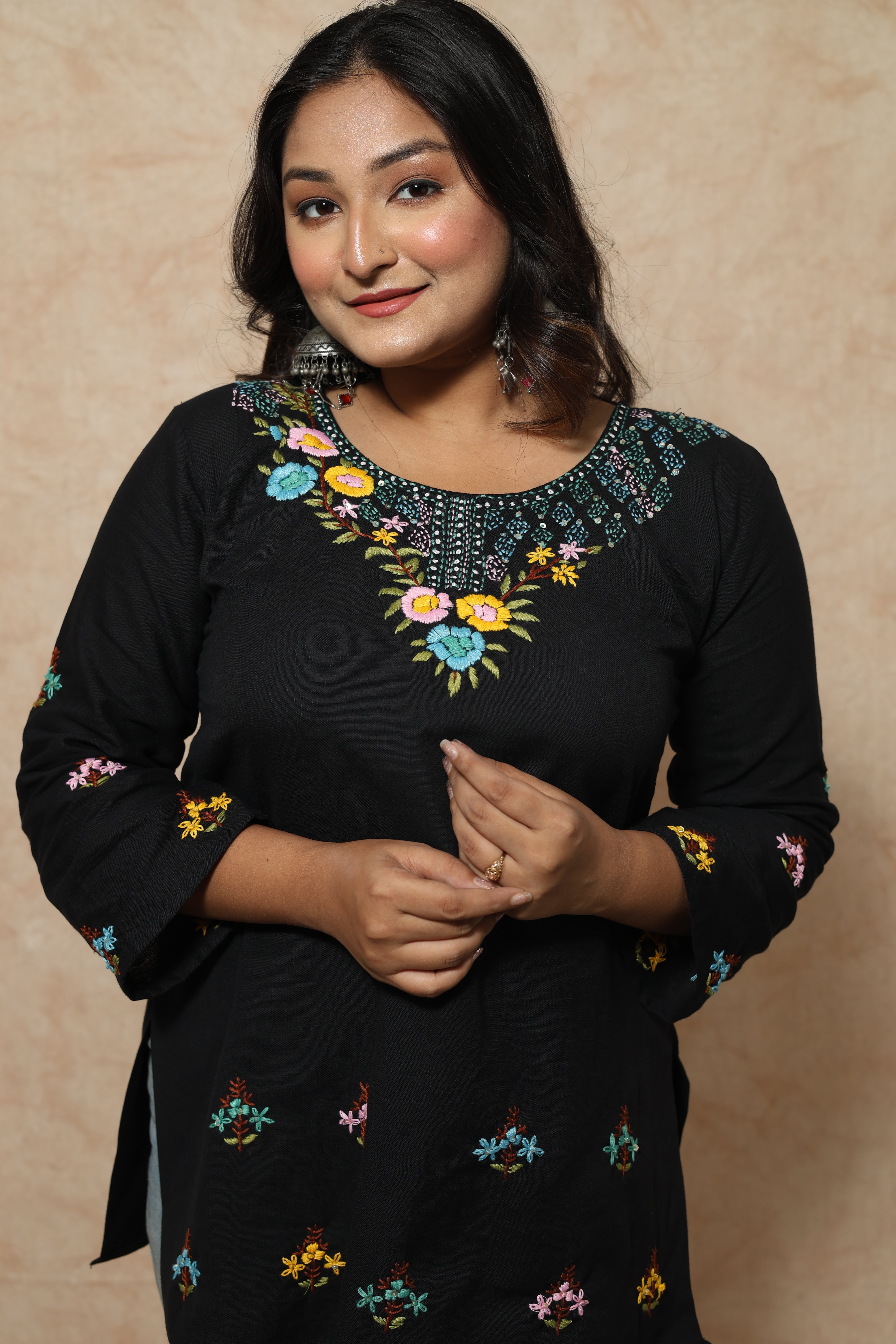 Black Color Cotton Hand Embroidery Kurti