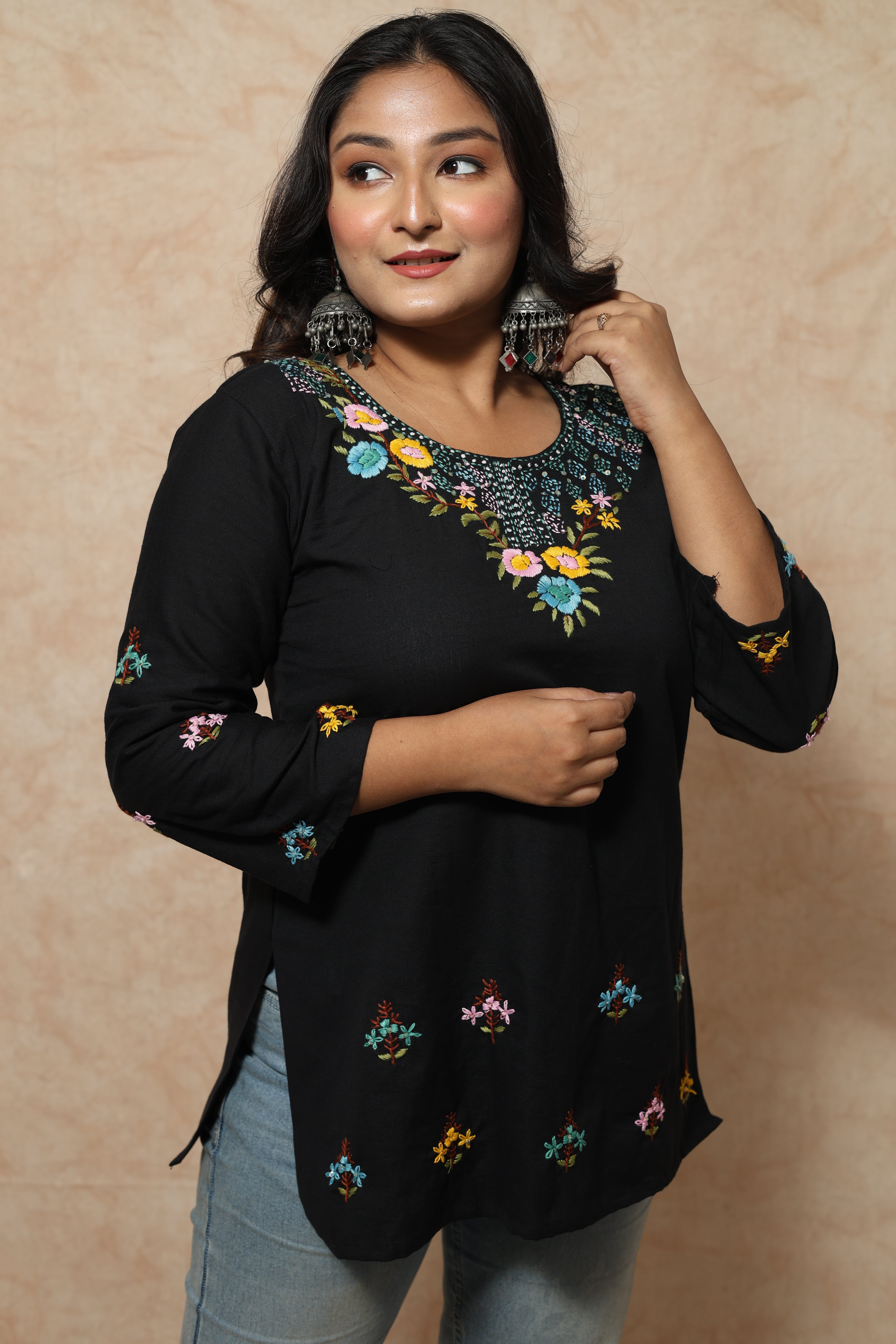 Black Color Cotton Hand Embroidery Kurti