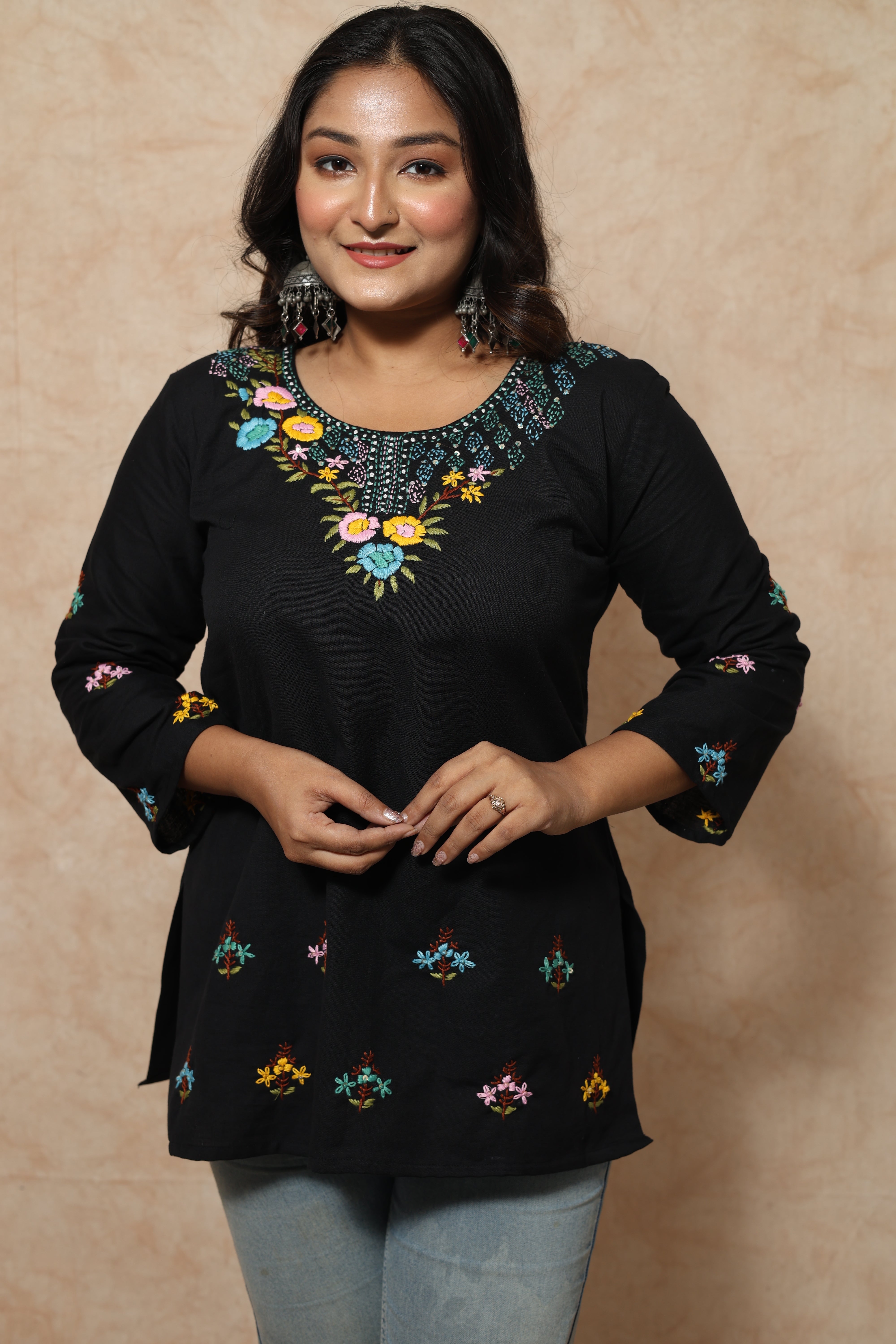 Black Color Cotton Hand Embroidery Kurti