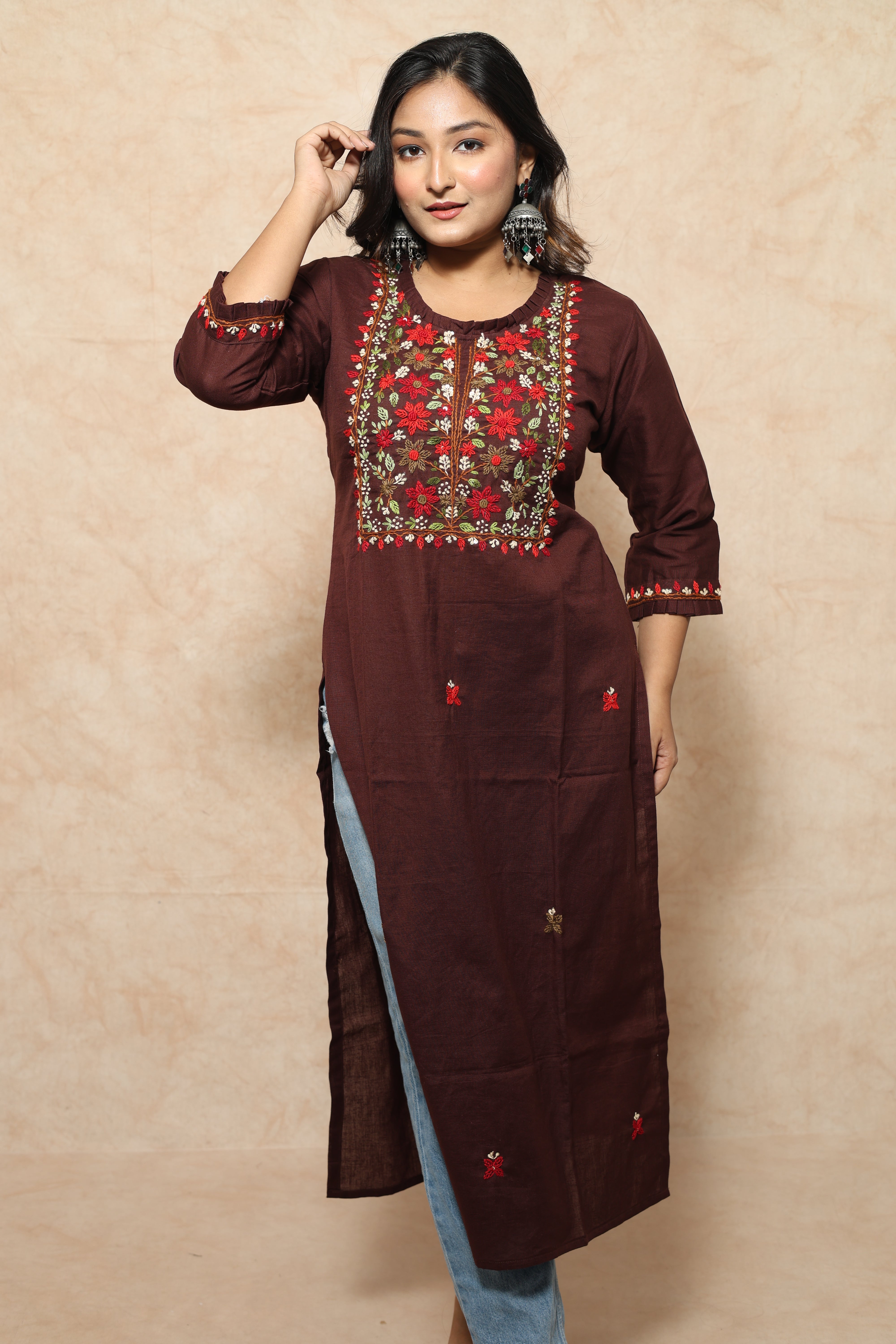 Chocolate Color Hand Embroidery Cotton Kurta