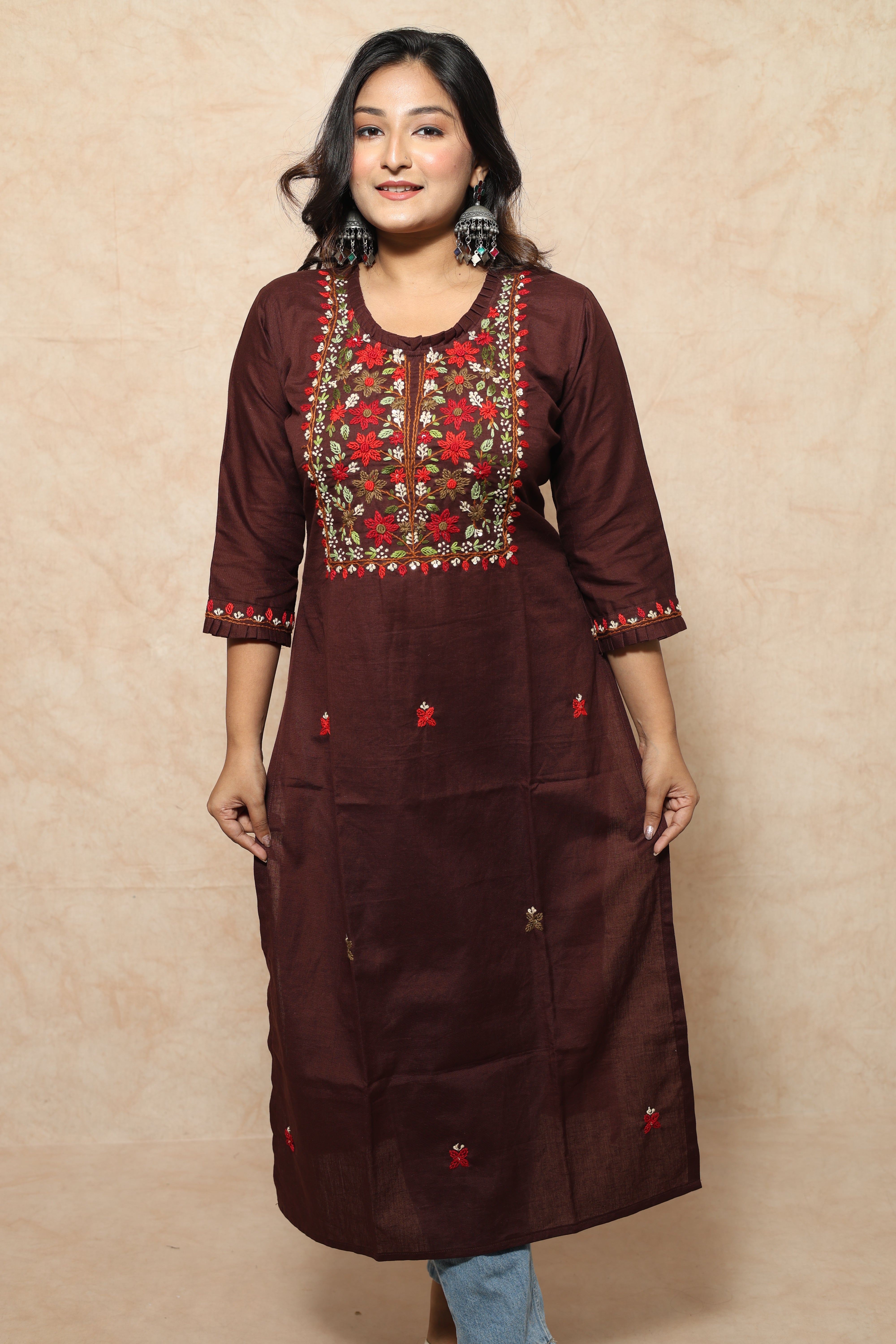 Chocolate Color Hand Embroidery Cotton Kurta