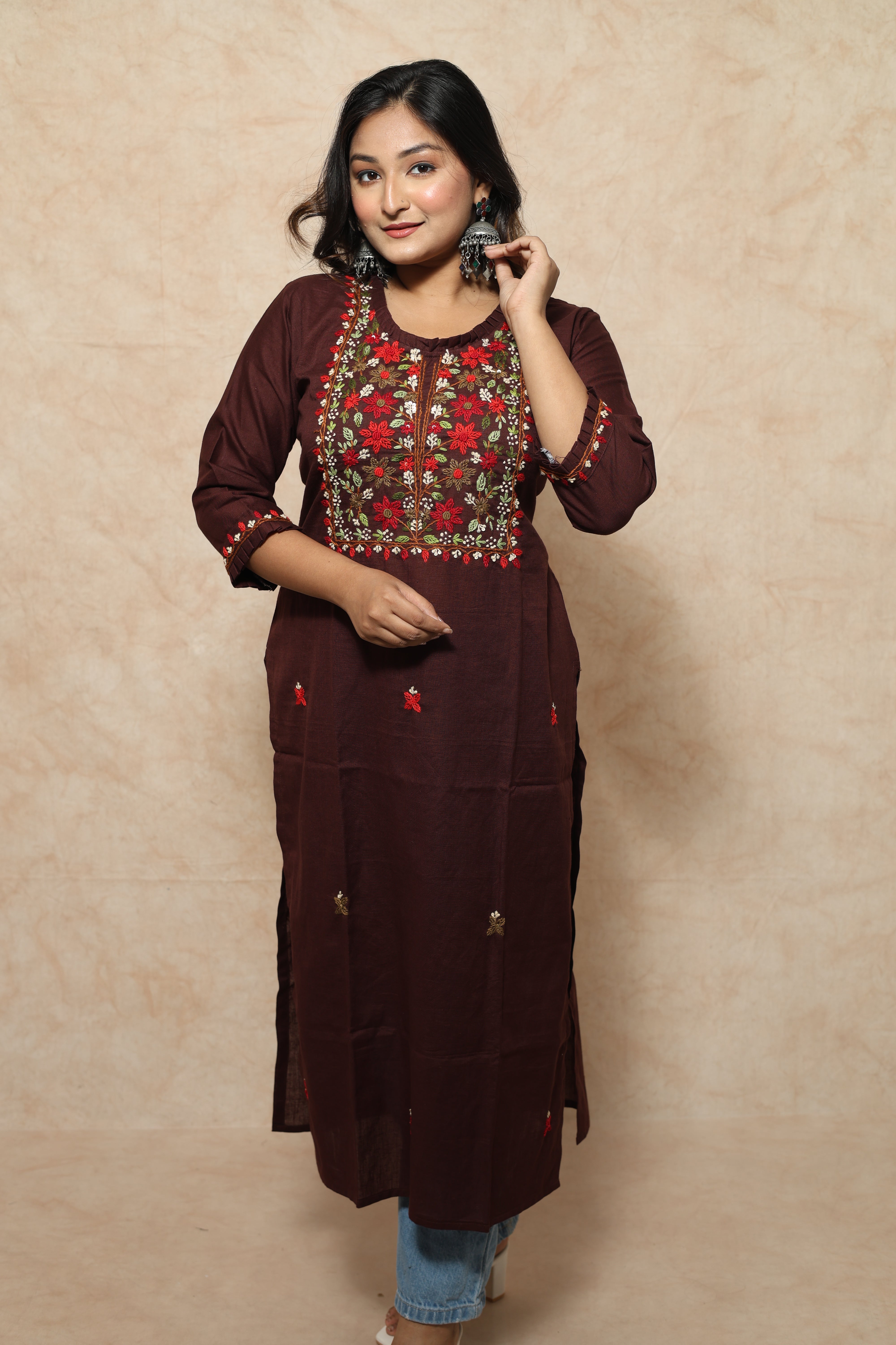 Chocolate Color Hand Embroidery Cotton Kurta
