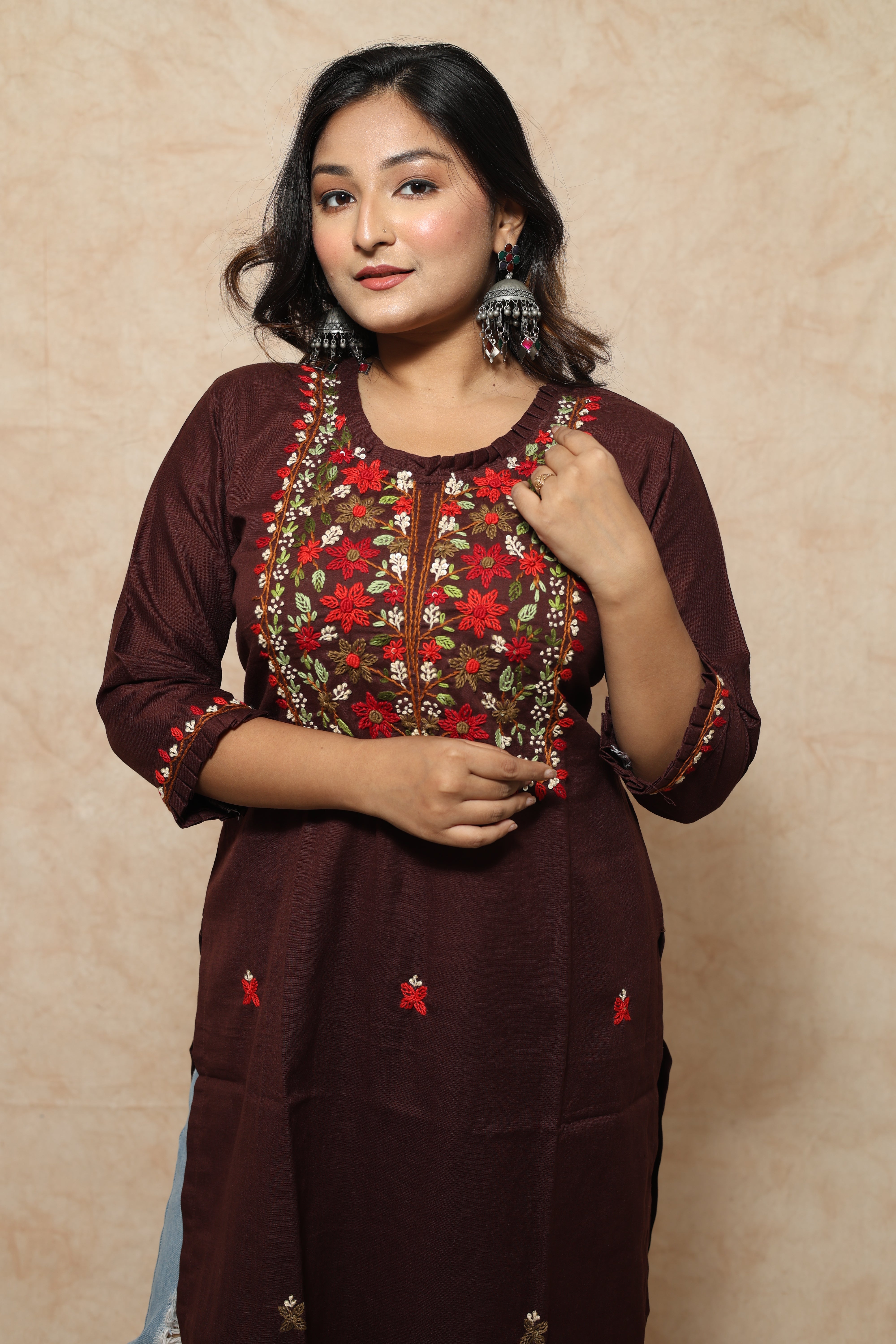 Chocolate Color Hand Embroidery Cotton Kurta