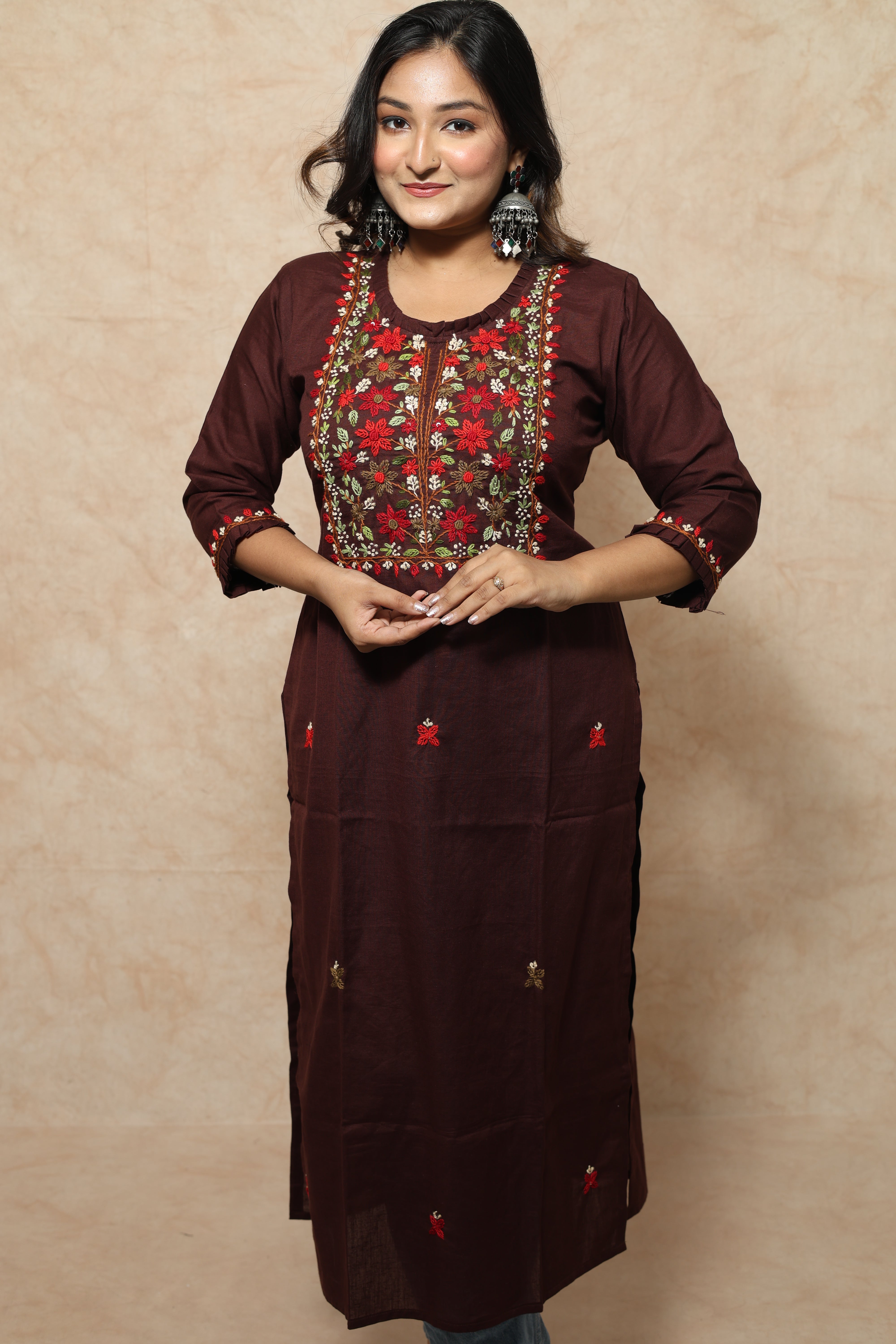 Chocolate Color Hand Embroidery Cotton Kurta