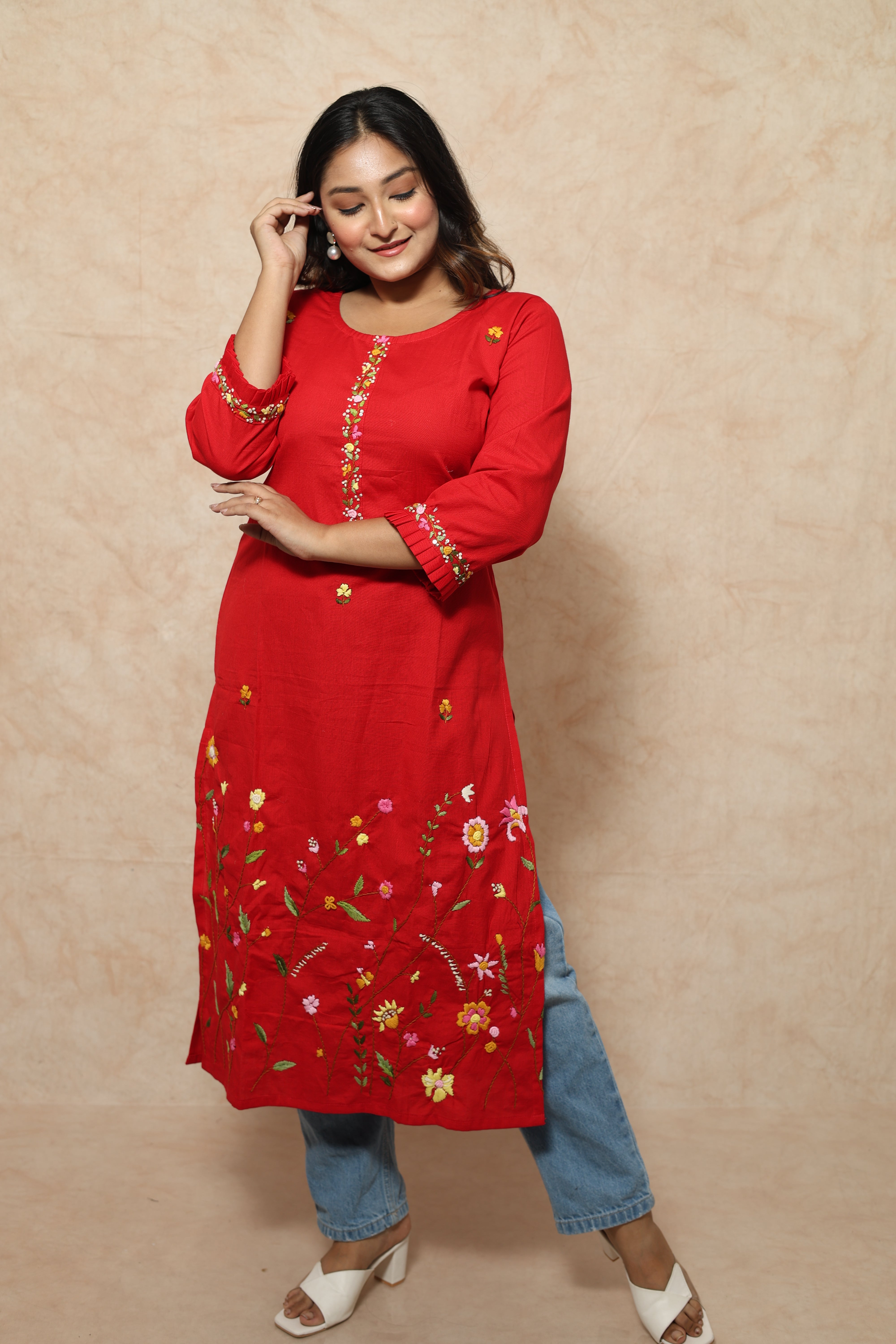 Red Color Hand Embroidery Cotton Kurta