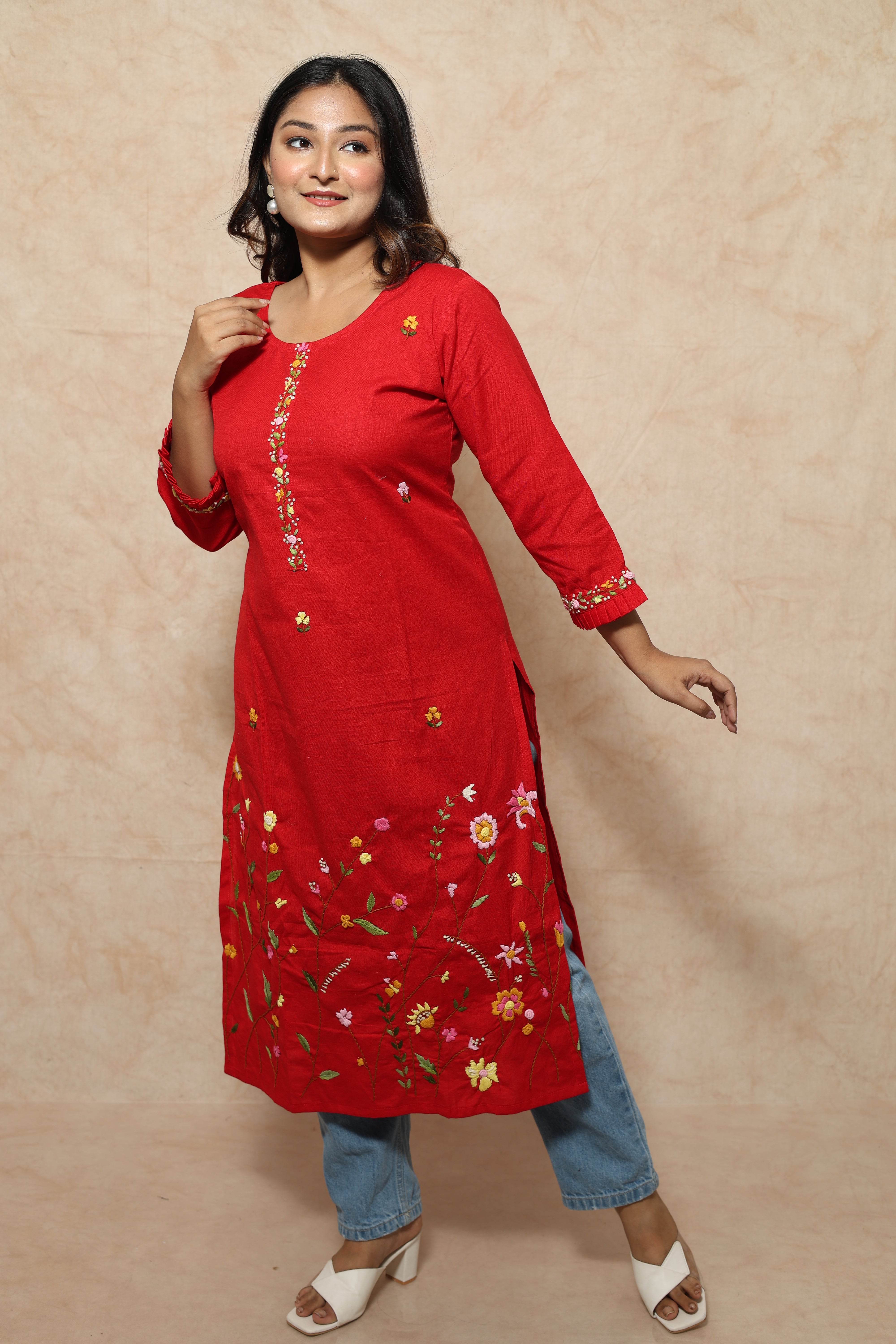 Red Color Hand Embroidery Cotton Kurta