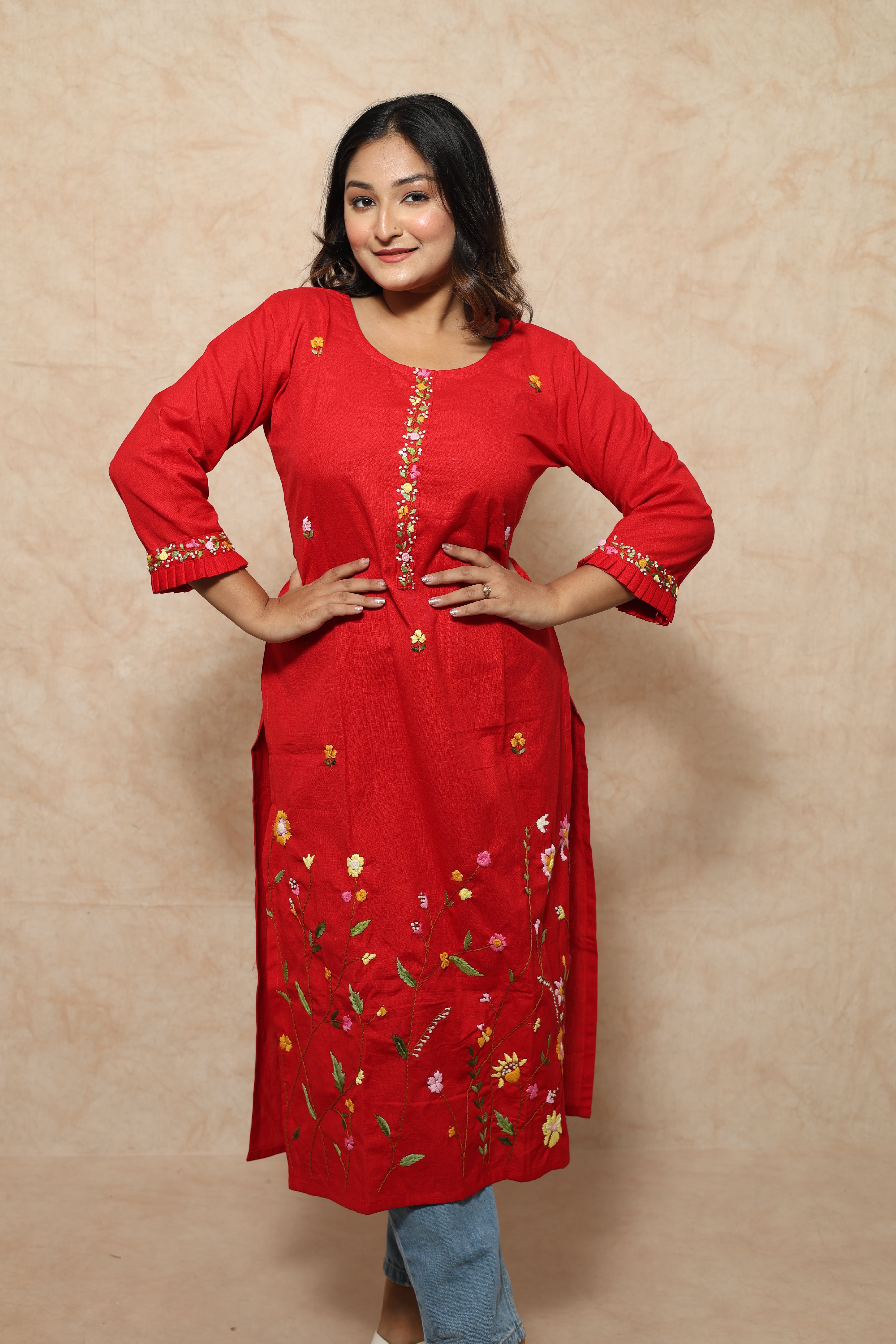 Red Color Hand Embroidery Cotton Kurta