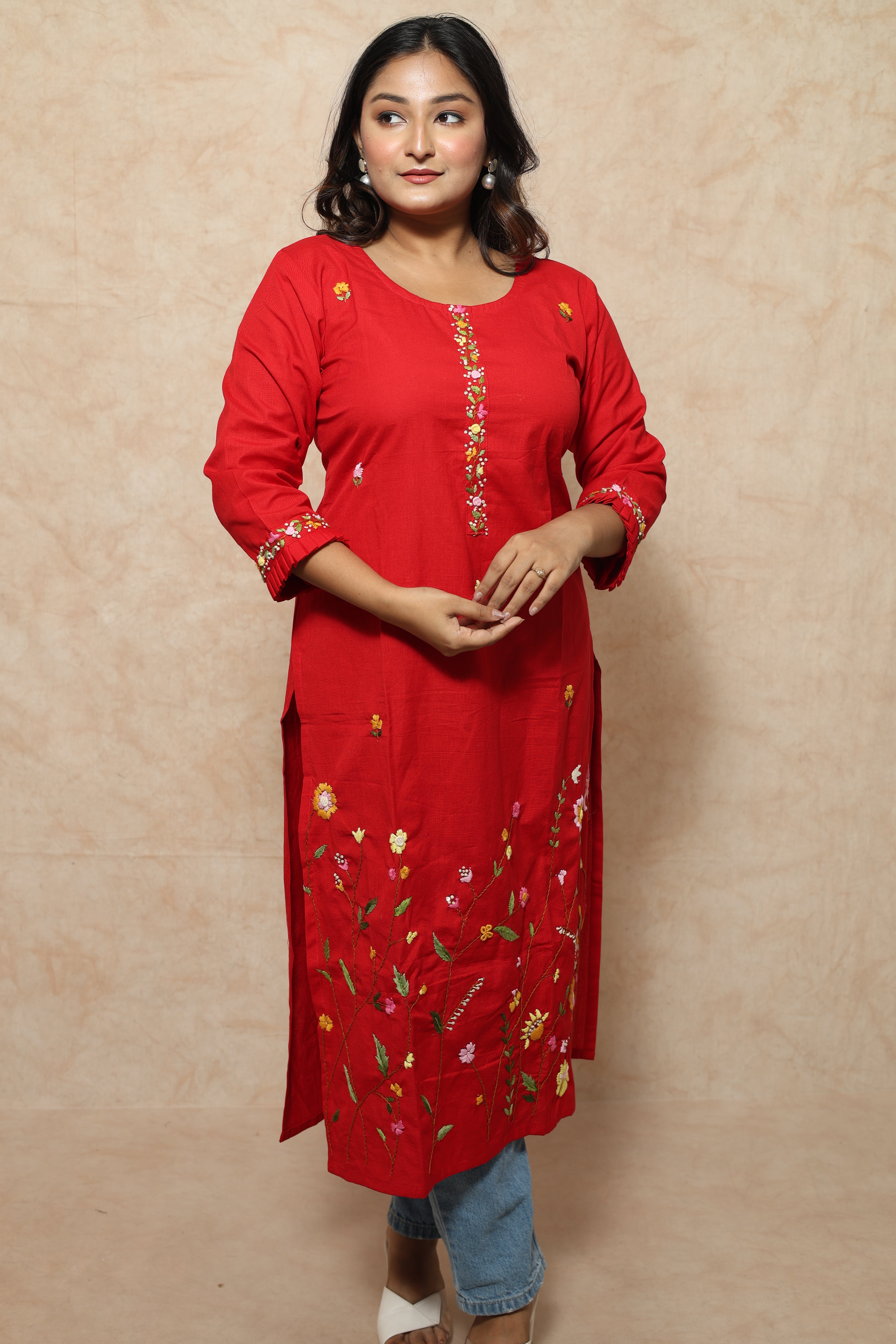 Red Color Hand Embroidery Cotton Kurta