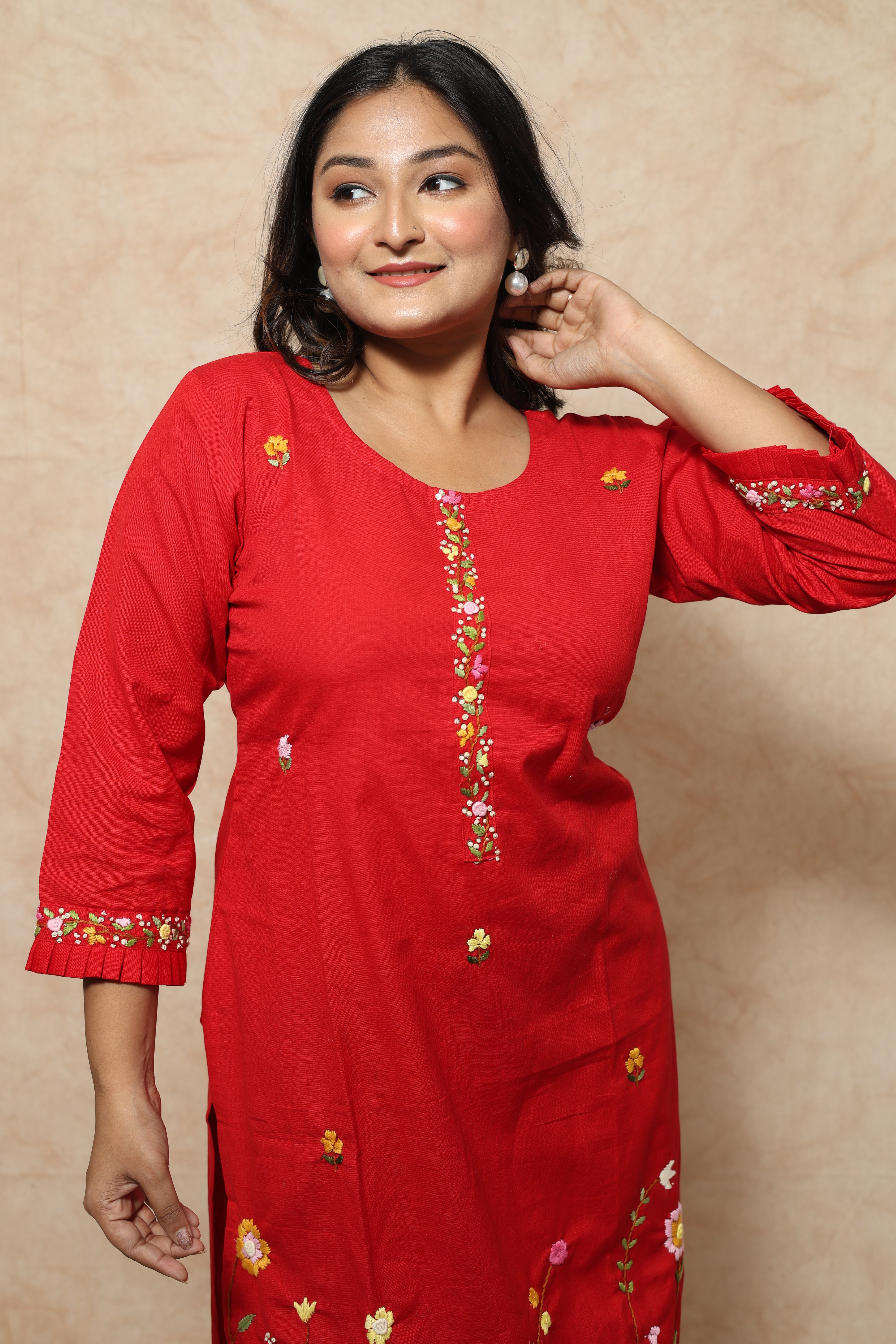 Red Color Hand Embroidery Cotton Kurta