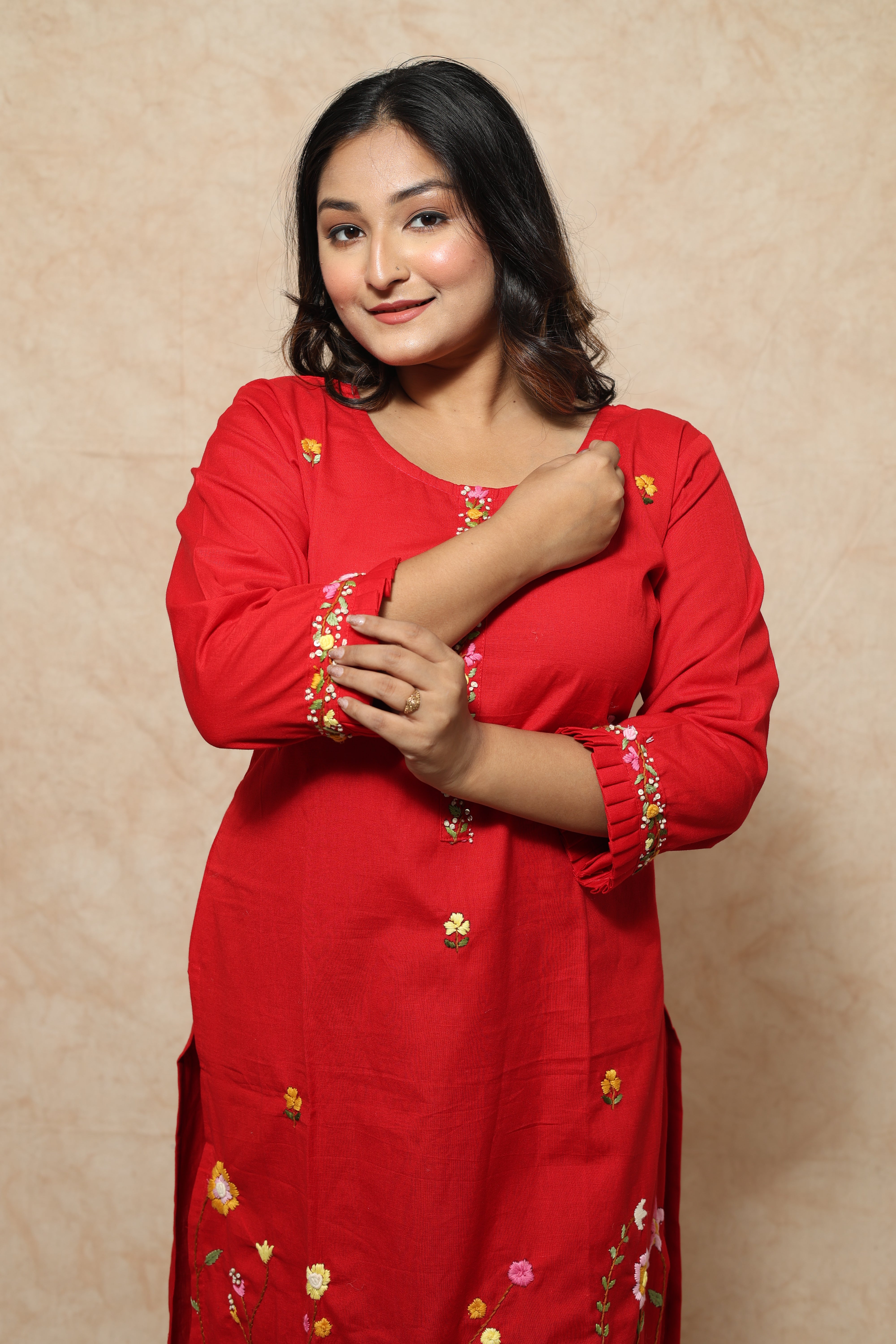 Red Color Hand Embroidery Cotton Kurta