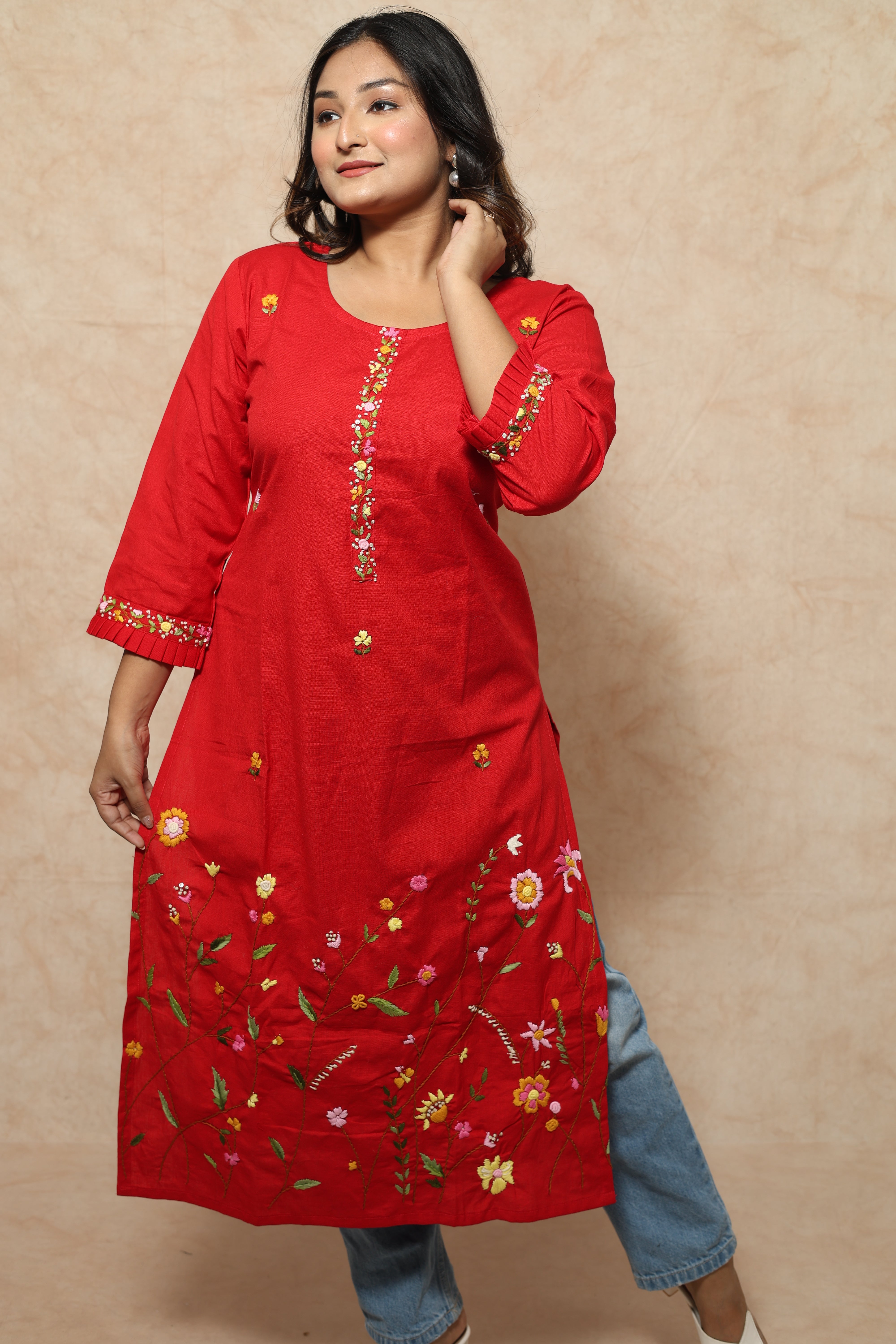 Red Color Hand Embroidery Cotton Kurta