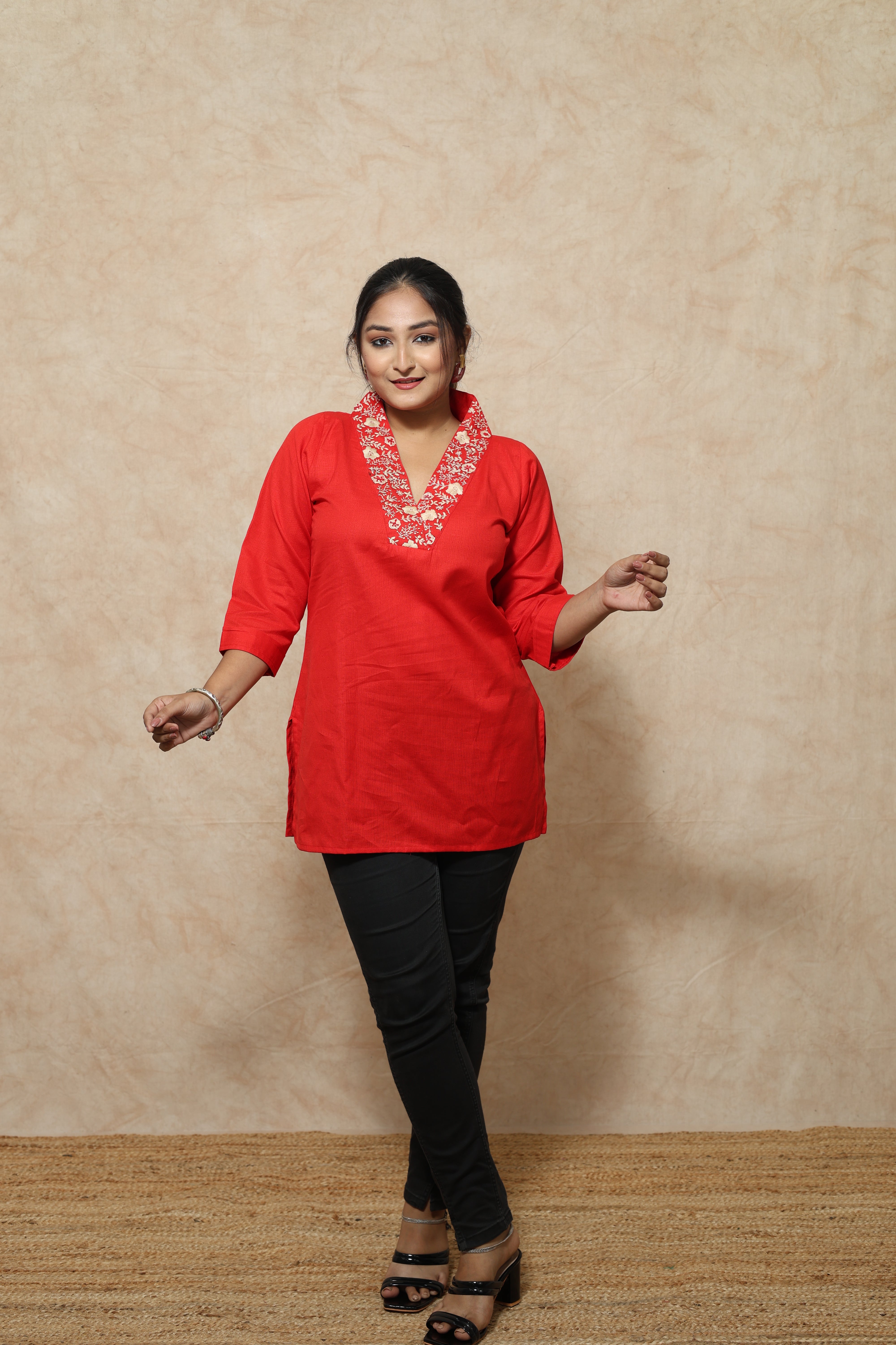Red short cotton kurti with hand embroidery