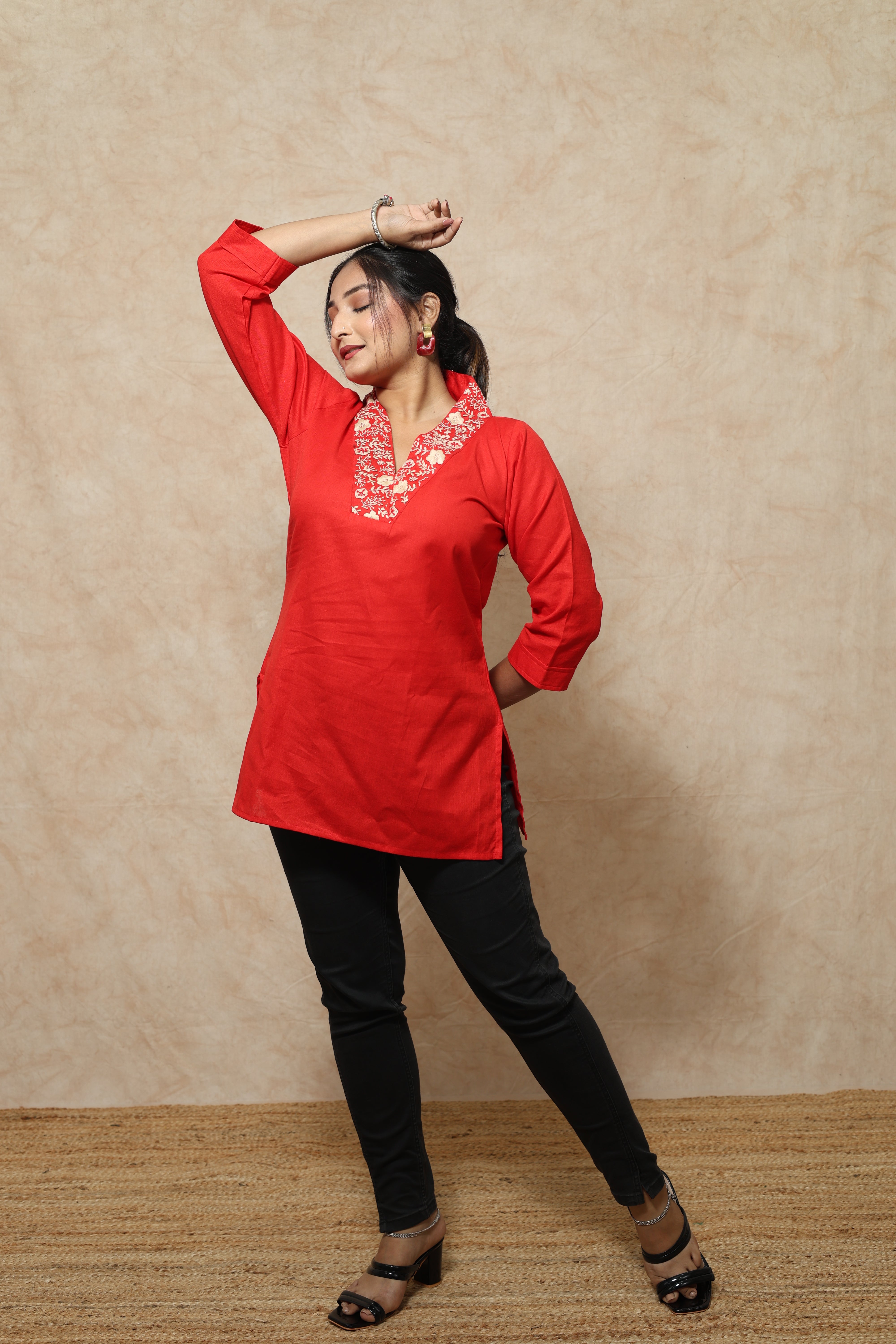 Red Color Hand Embroidery Cotton Short Kurti