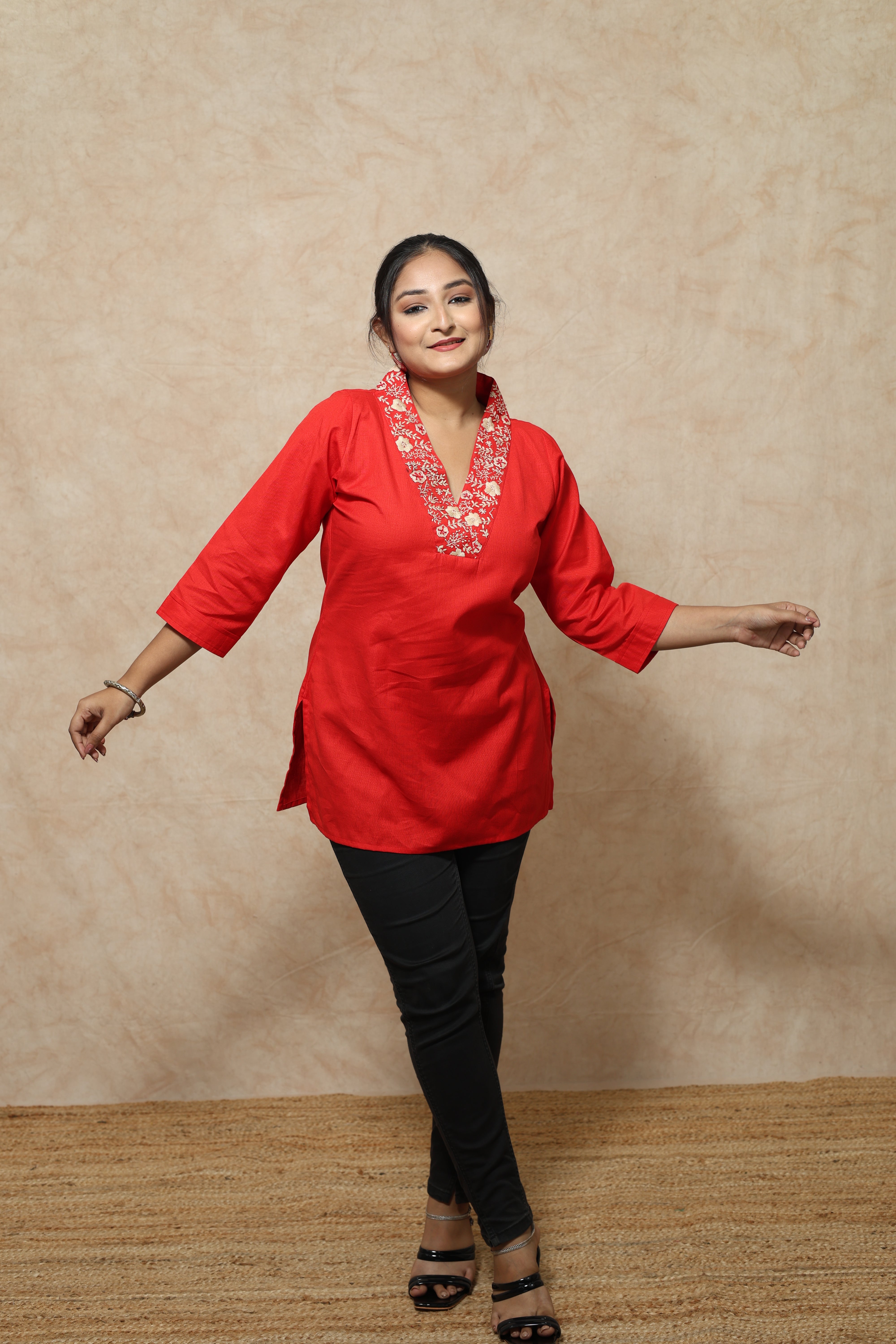 Red Color Hand Embroidery Cotton Short Kurti