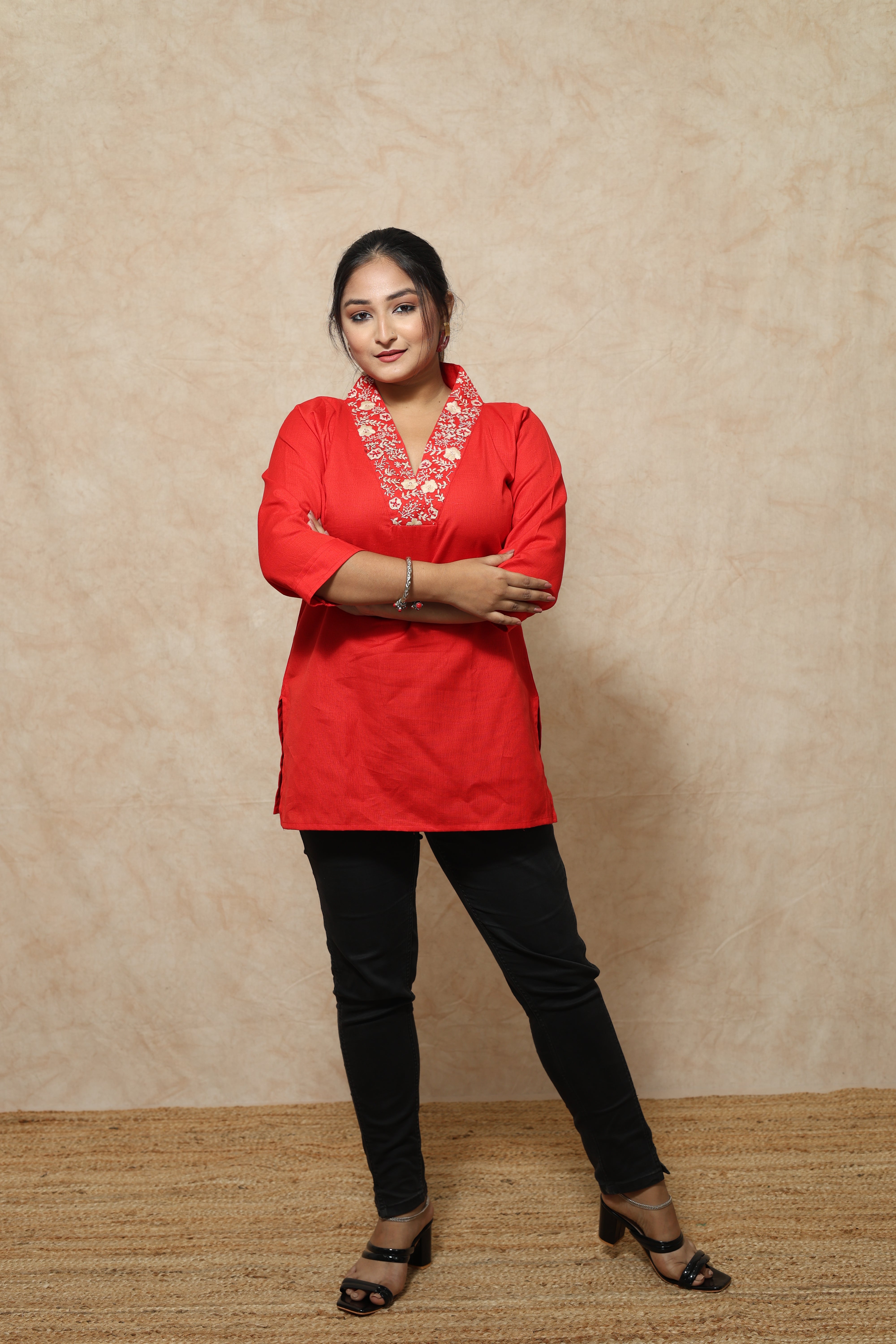 Red Color Hand Embroidery Cotton Short Kurti