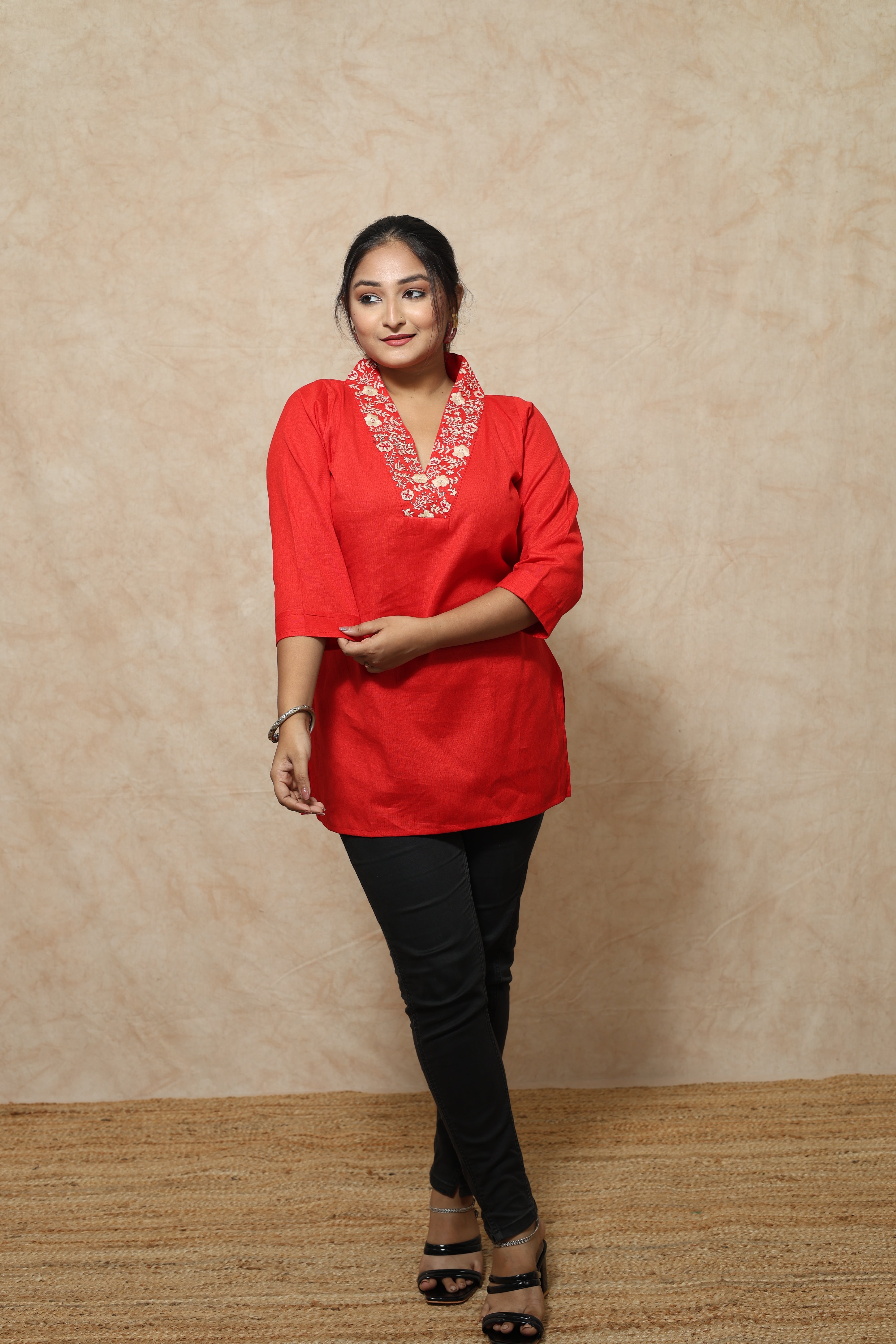 Red Color Hand Embroidery Cotton Short Kurti