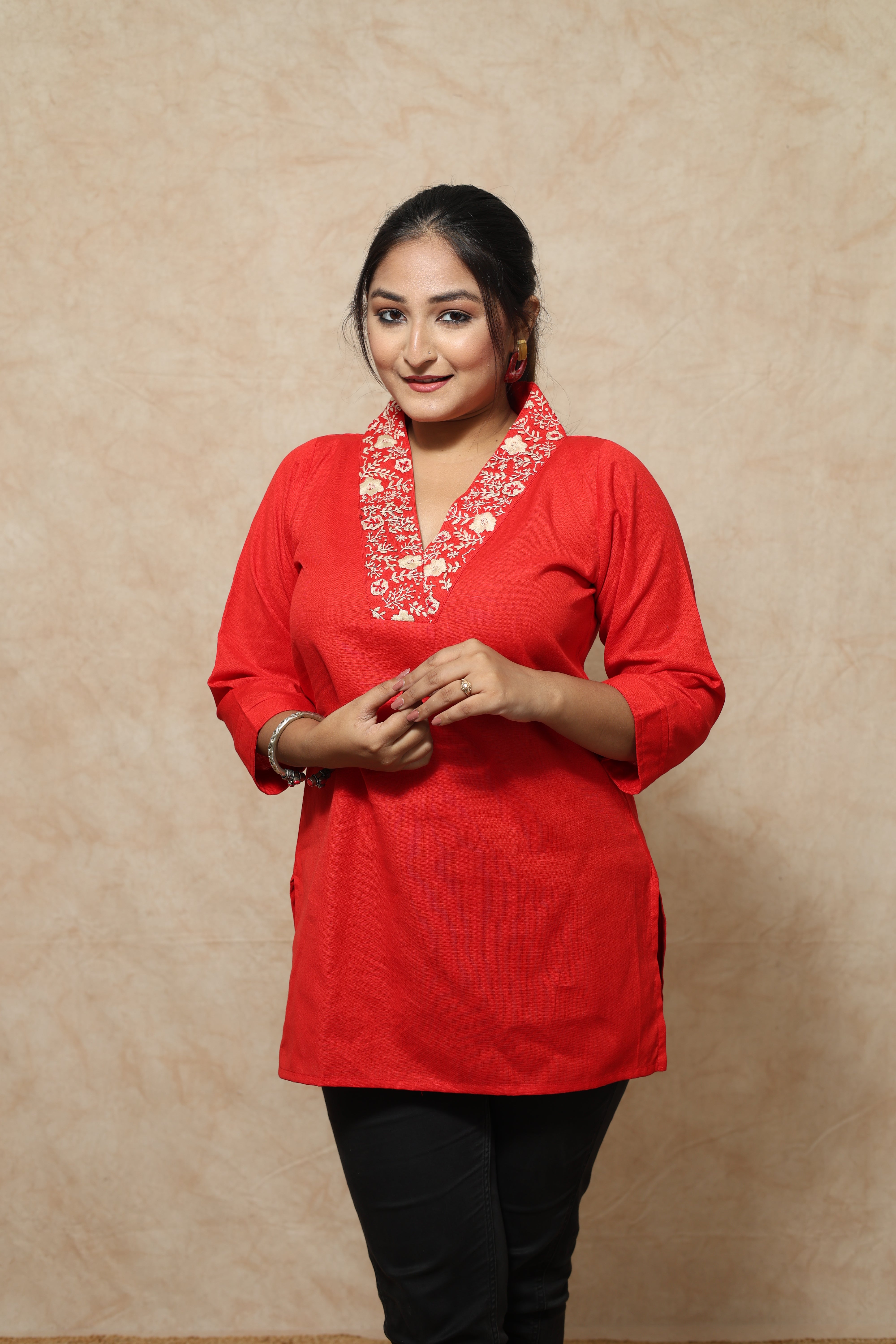 Red Color Hand Embroidery Cotton Short Kurti