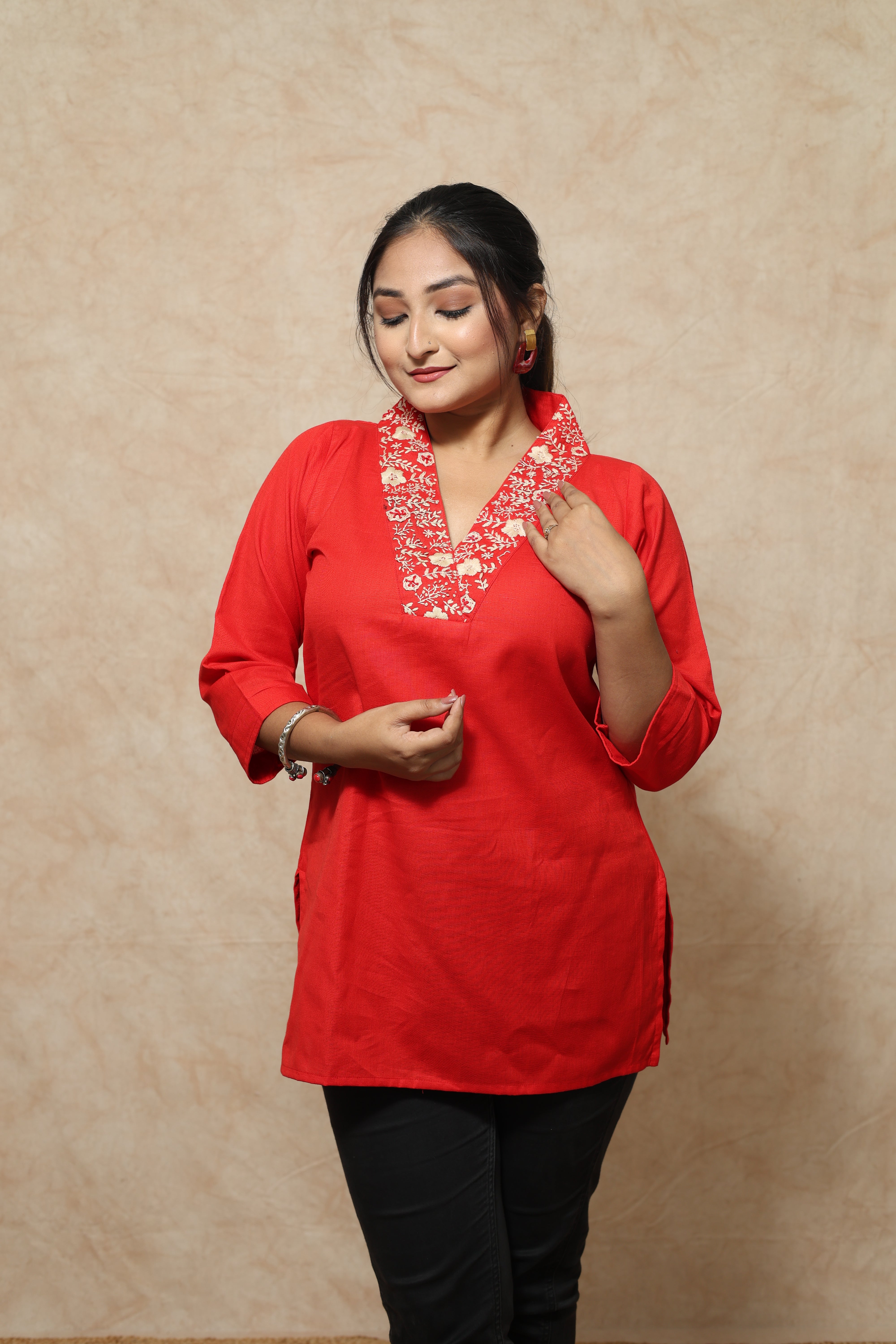 Red Color Hand Embroidery Cotton Short Kurti