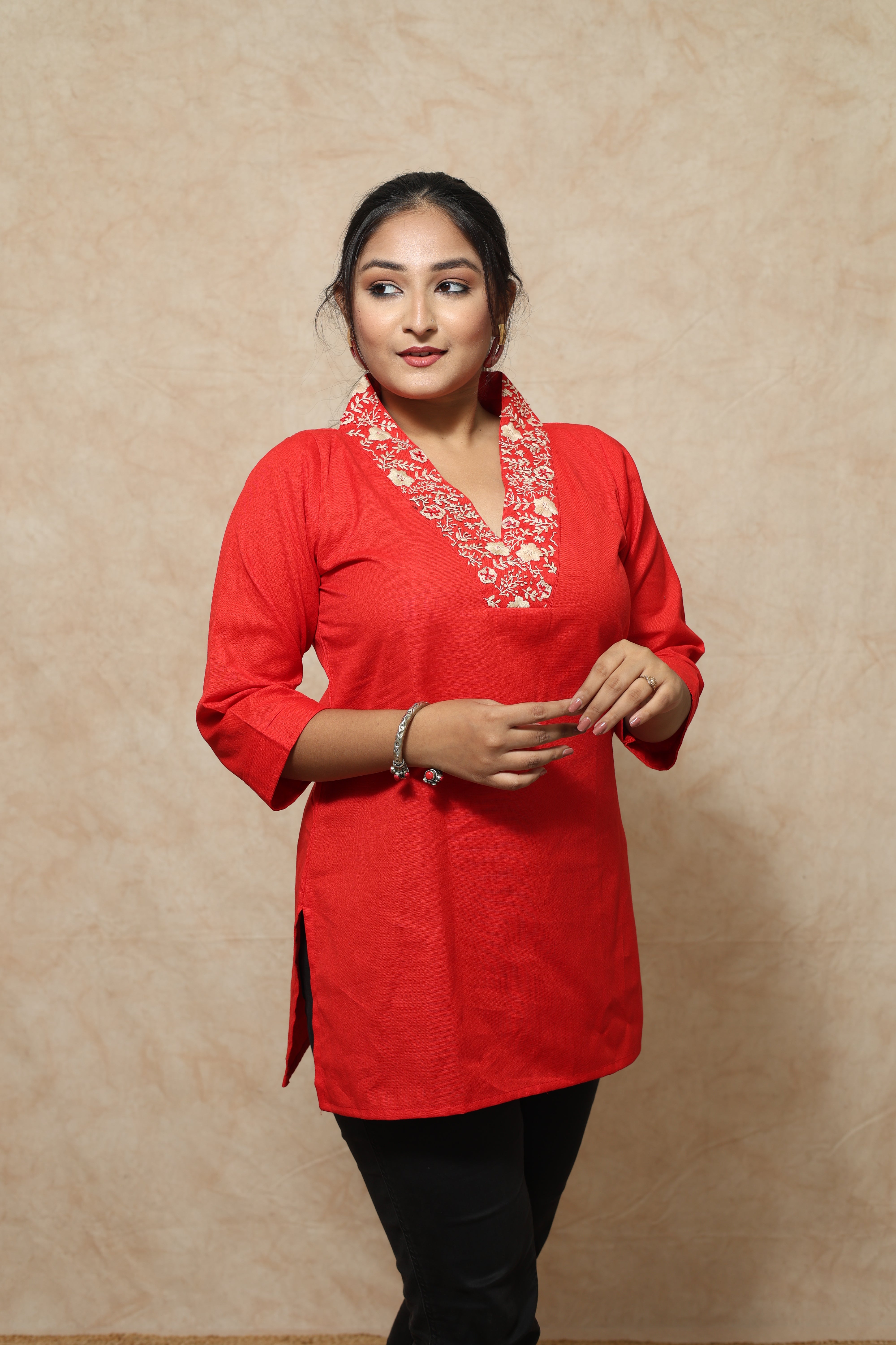 Red Color Hand Embroidery Cotton Short Kurti