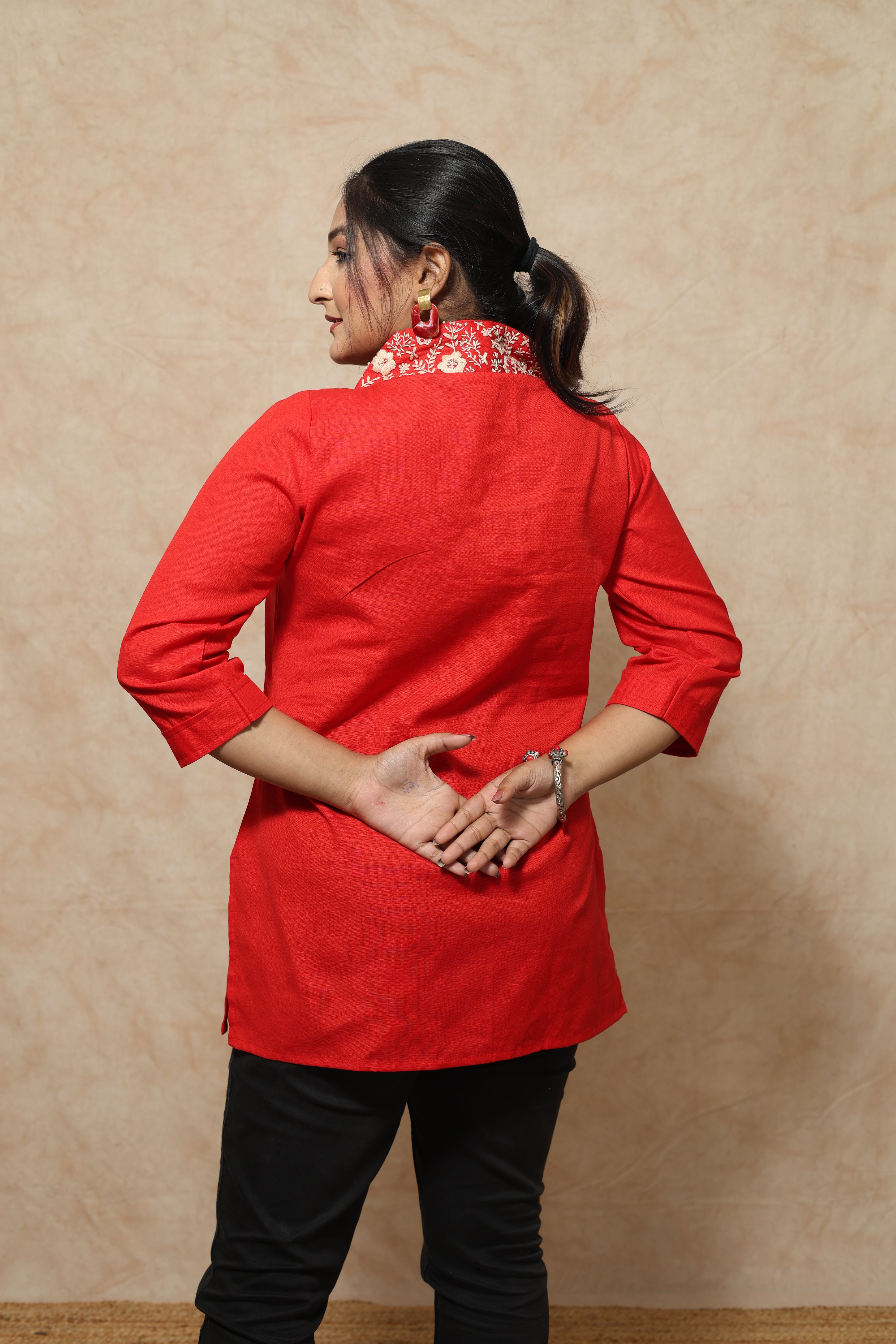 Red Color Hand Embroidery Cotton Short Kurti