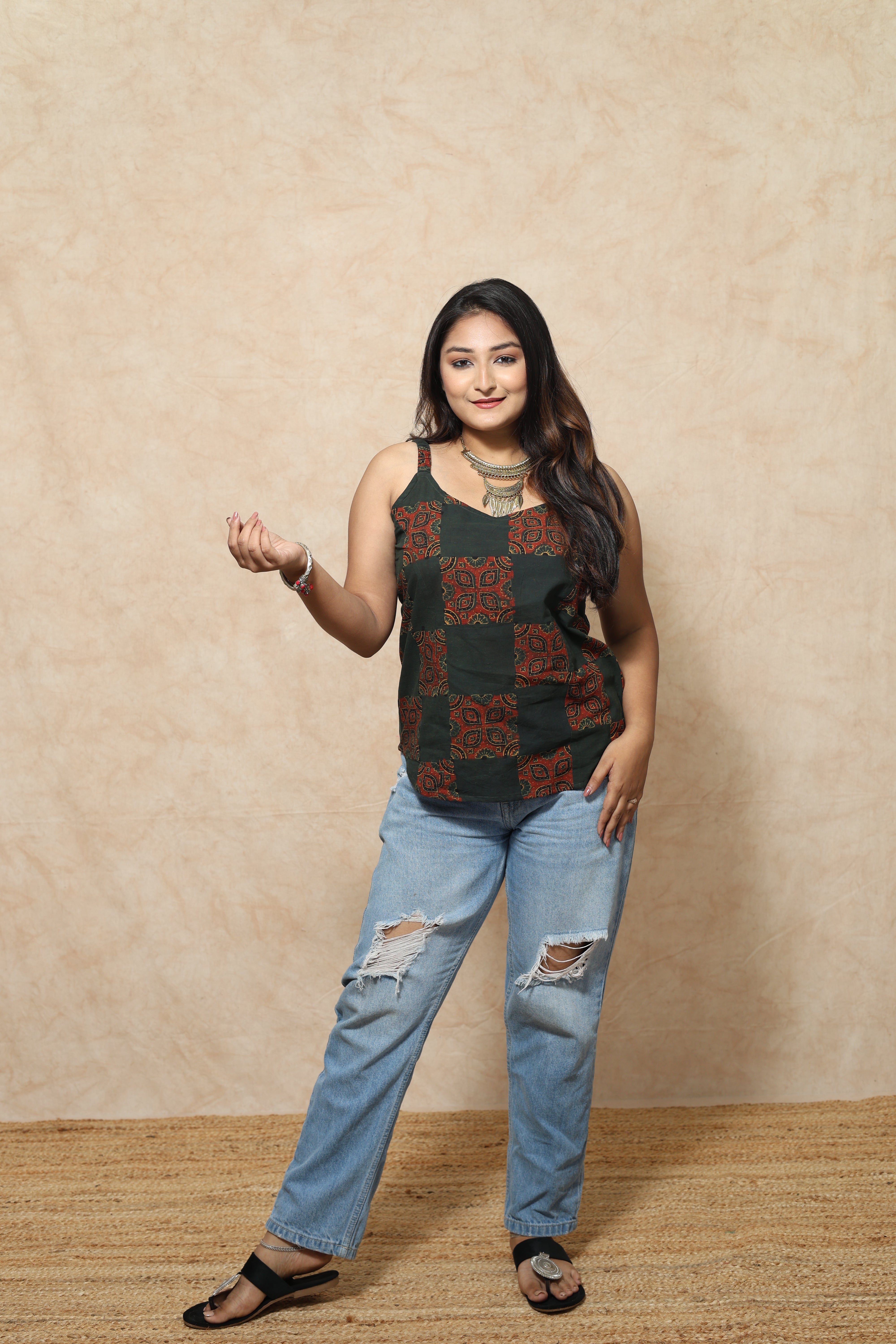 Vegitable Dye Ajrakh Block Print Cotton Tops