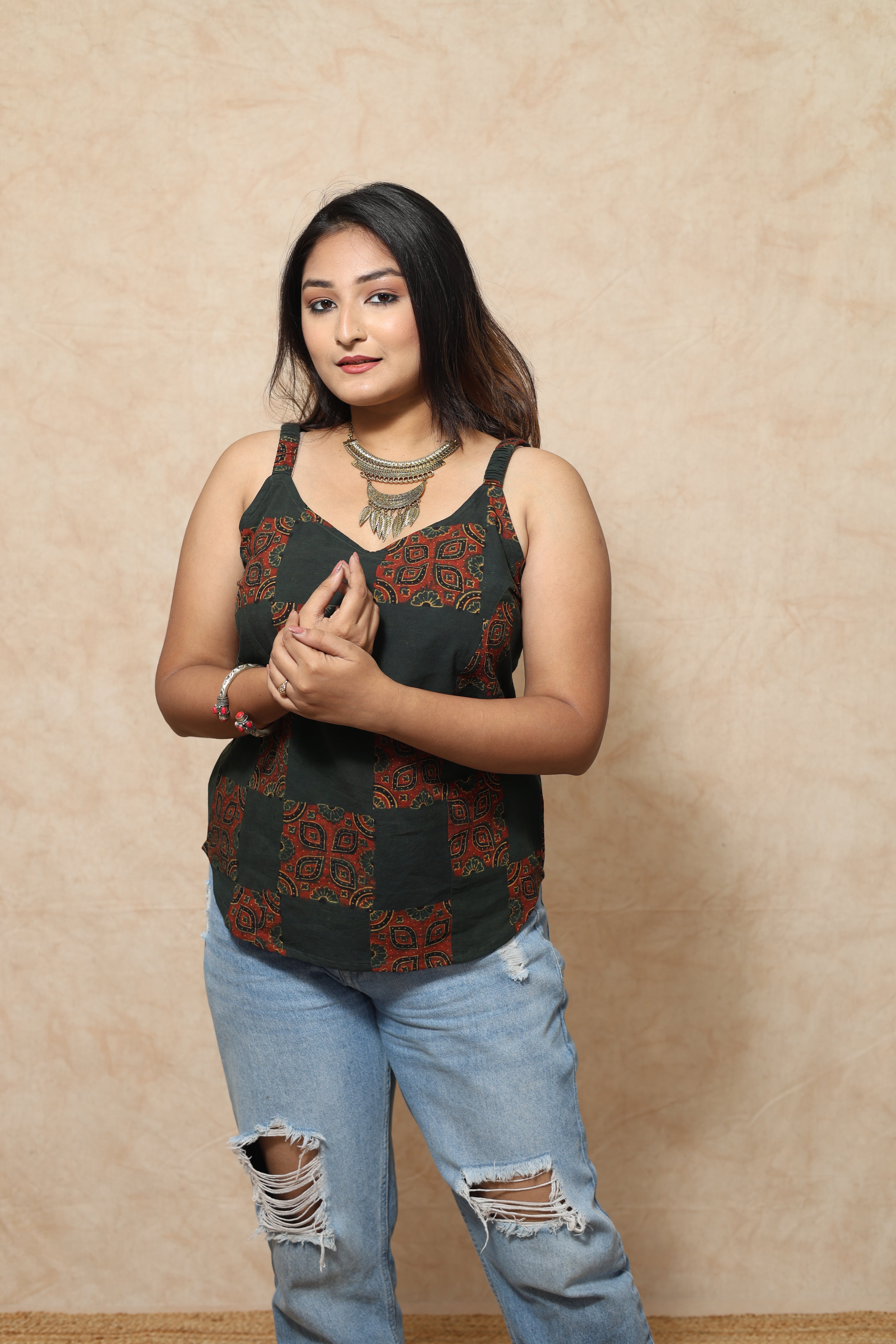 Vegitable Dye Ajrakh Block Print Cotton Tops