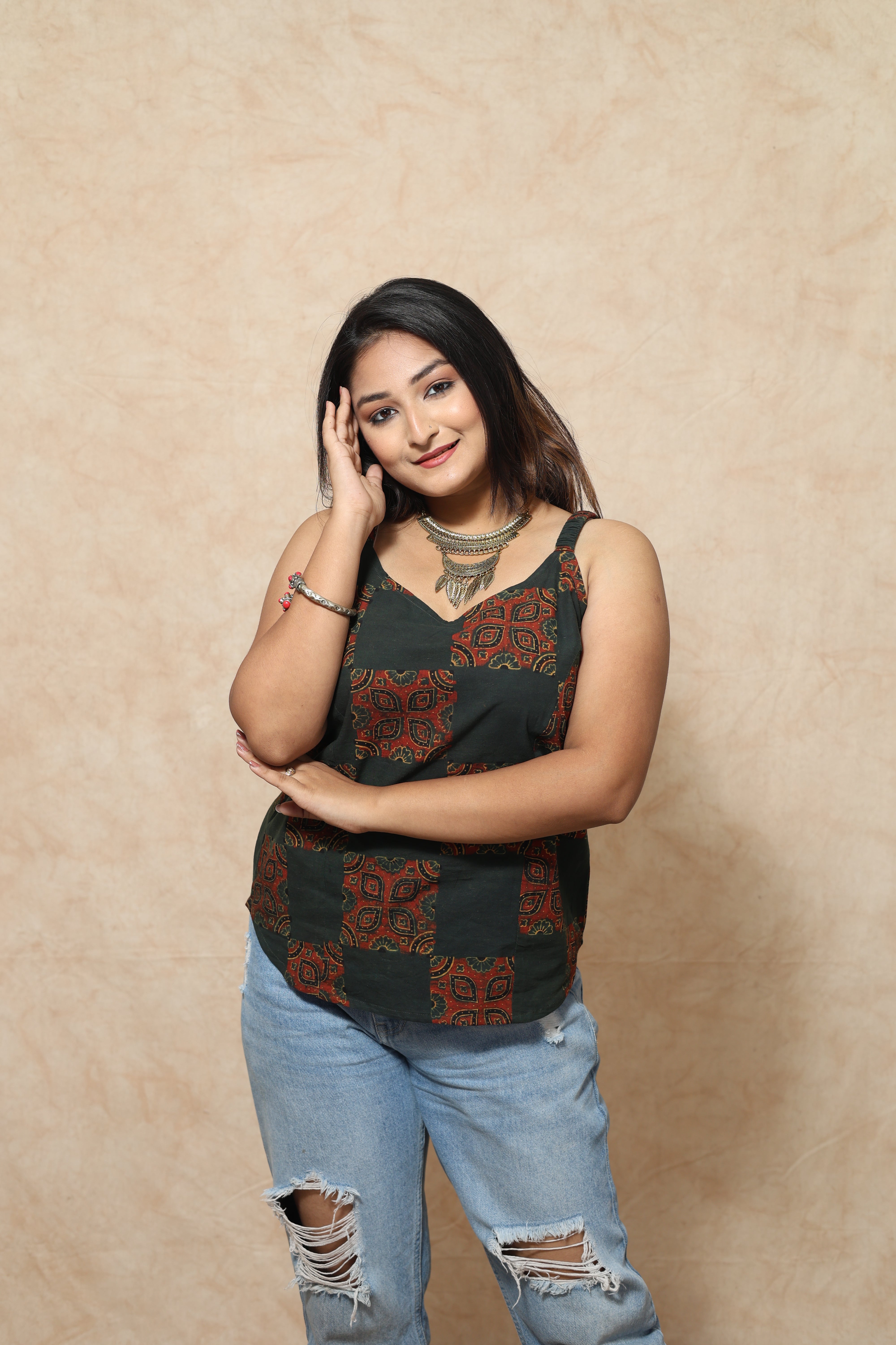 Vegitable Dye Ajrakh Block Print Cotton Tops