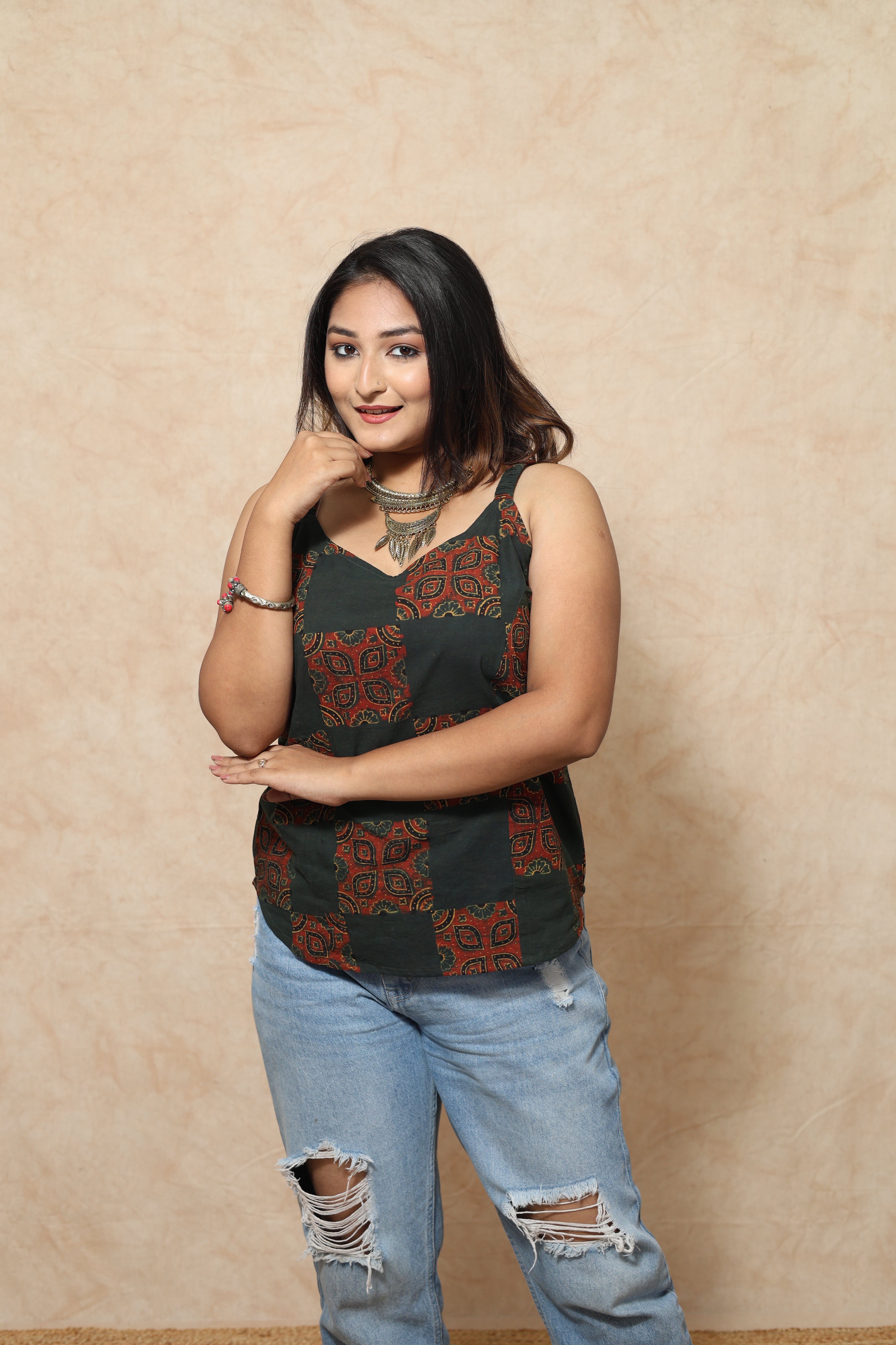 Vegitable Dye Ajrakh Block Print Cotton Tops